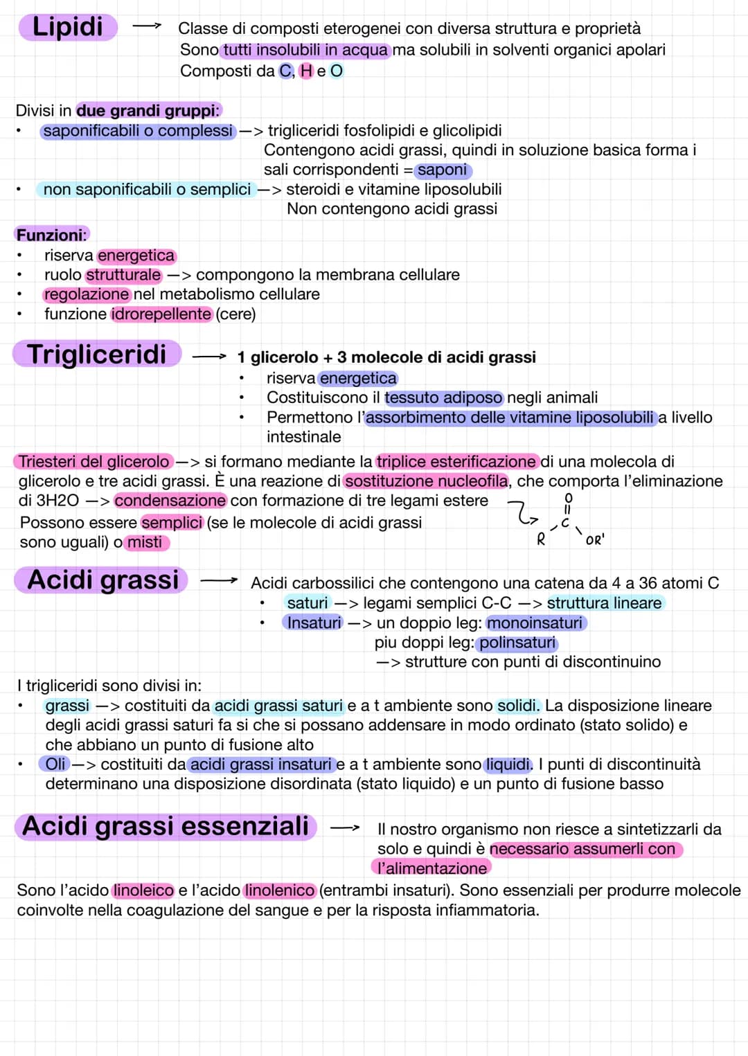 # Lipidi
Classe di composti eterogenei con diversa struttura e proprietà
Sono tutti insolubili in acqua ma solubili in solventi organici apo