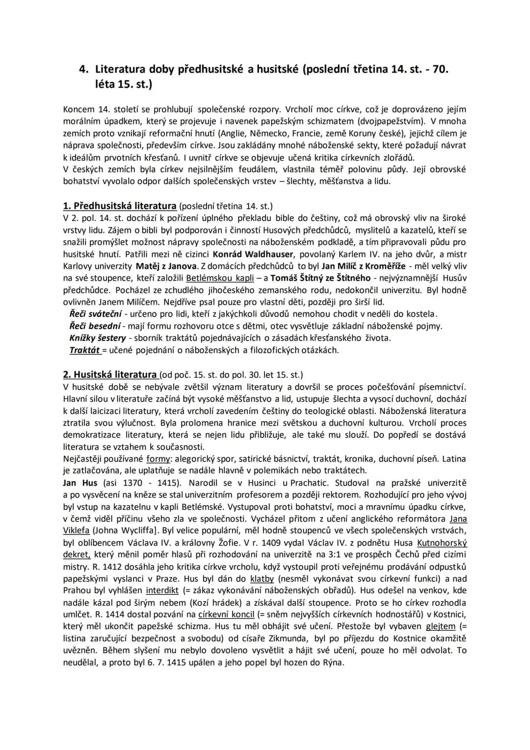 # 2. Literatura období středověku

## 1. Nejstarší česká literatura (9. - pol. 13. st.)

Vznik písemnictví souvisel především s potřebami du
