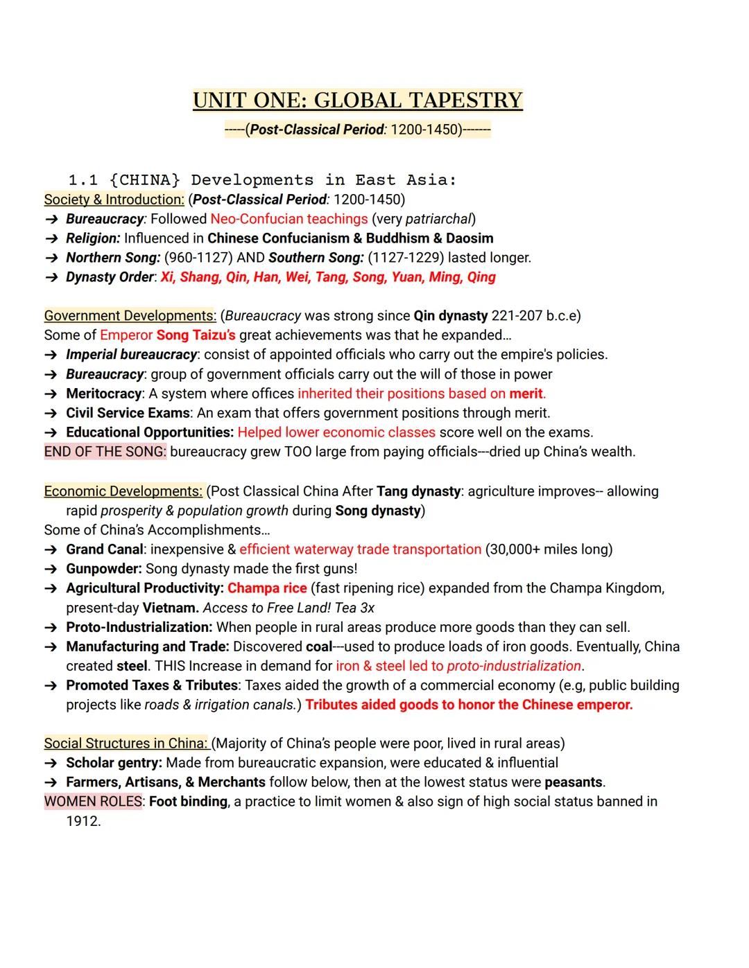 # UNIT ONE: GLOBAL TAPESTRY
-----(Post-Classical Period: 1200-1450)-

1.  1 {CHINA} Developments in East Asia:
Society & Introduction: (Post