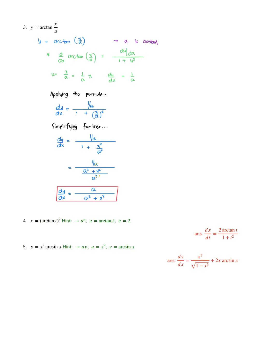 DERIVATIVE OF INVERSE
TRIGONOMETRIC FUNCTIONS
$
\frac{d}{dx} \arcsin u = \frac{\frac{du}{dx}}{\sqrt{1-u^2}}
$
$
\frac{d}{dx} \arctan u = \fr