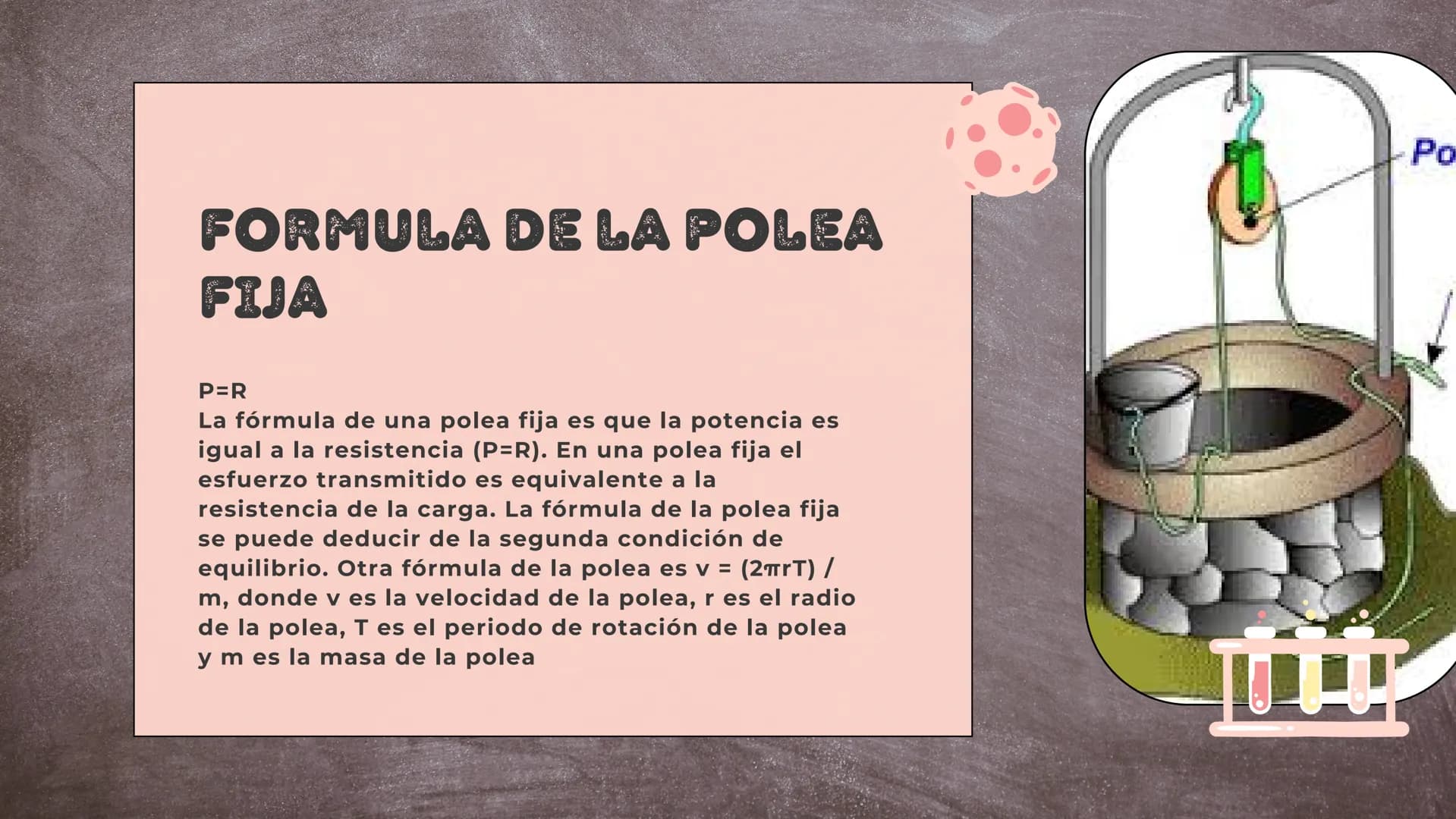 # TIPOS DE POLEAS

Fija y movil # ¿QUE ES LA POLEA
FIJA?

La polea fija es un dispositivo mecánico
que consta de una rueda con un borde en
e