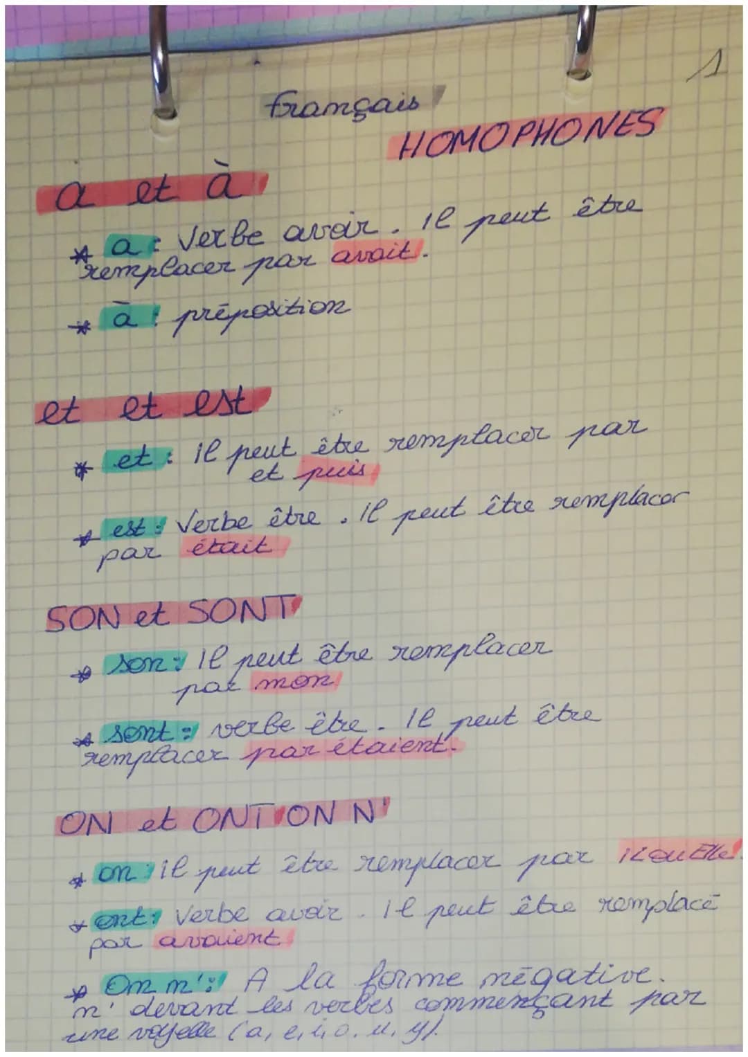 français

HOMOPHONES

a et à

*   a verbe aver, il peut être

    "remplacer par avait.

*   à préposition

et et est

*   et : il peut etre