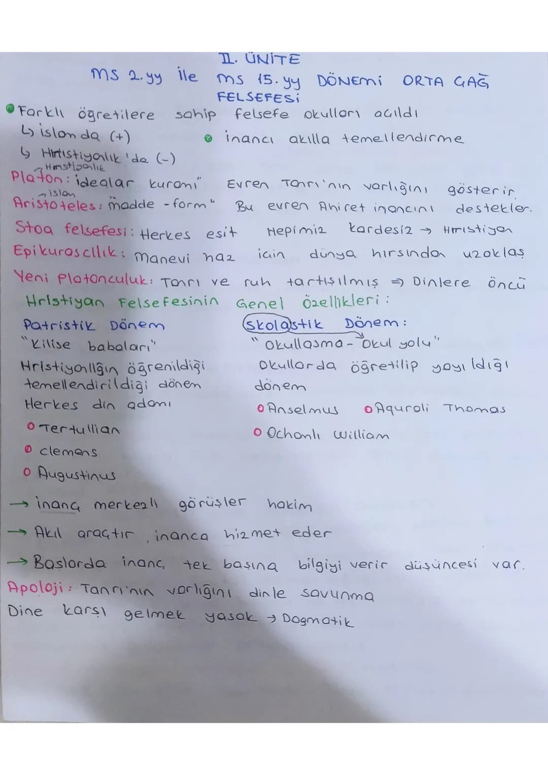 IL. ÜNİTE
Ms 2. yy ile ms 15. yy DÖNEMİ ORTA GAG
FELSEFESI
*   Farklı öğretilere sahip felsefe okulları açıldı
L) islon da (+)
*   inancı ak
