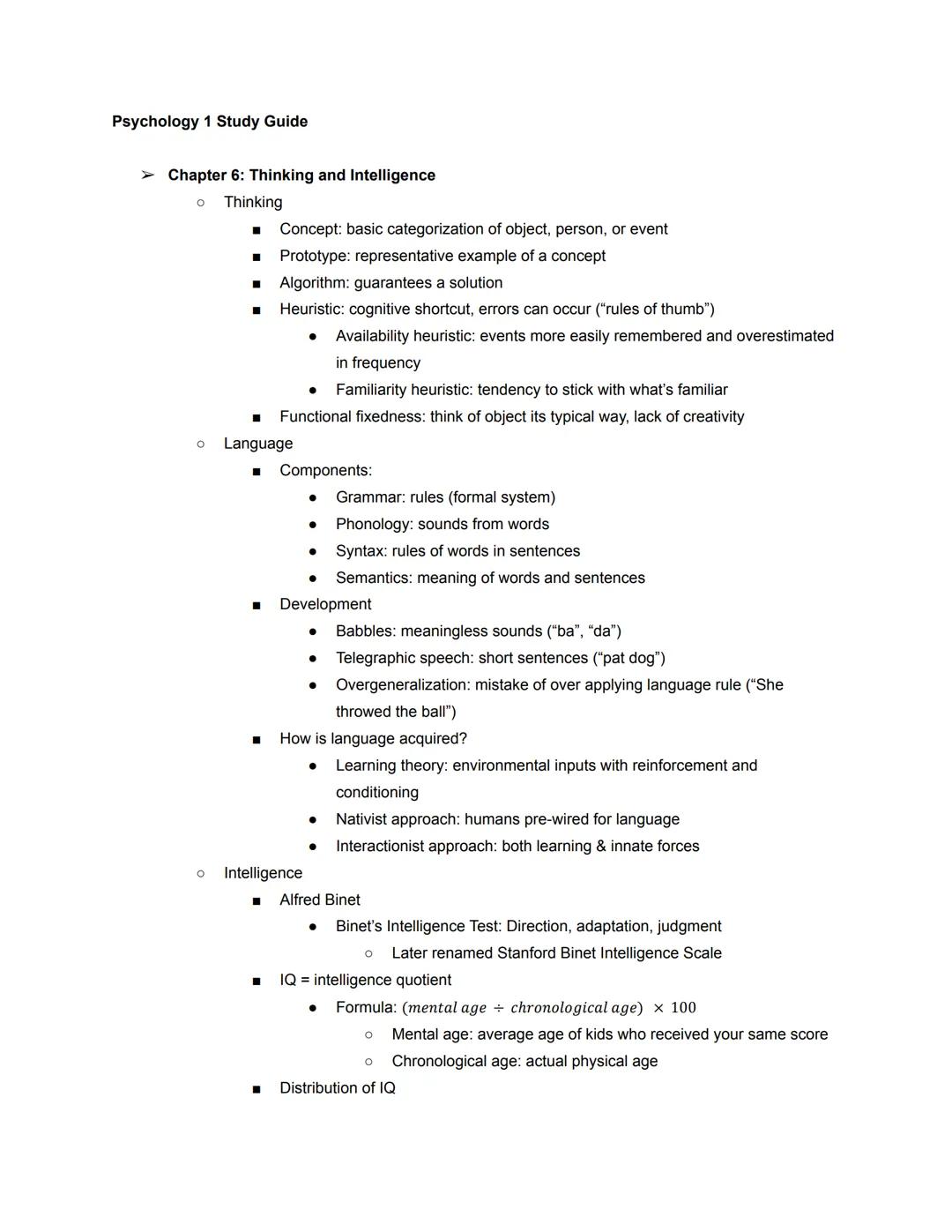 Psychology 1 Study Guide

➤ Chapter 6: Thinking and Intelligence

。 Thinking

■ Concept: basic categorization of object, person, or event

■
