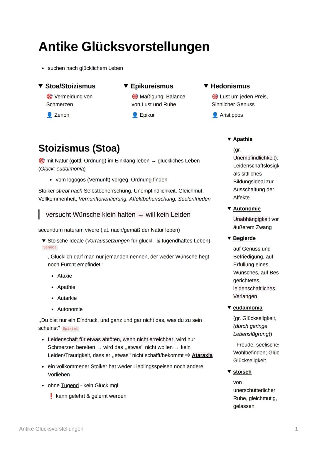 # Antike Glücksvorstellungen

*   suchen nach glücklichem Leben

▼ Stoa/Stoizismus
Vermeidung von
Schmerzen
*   Zenon

▼ Epikureismus
Mäßigu