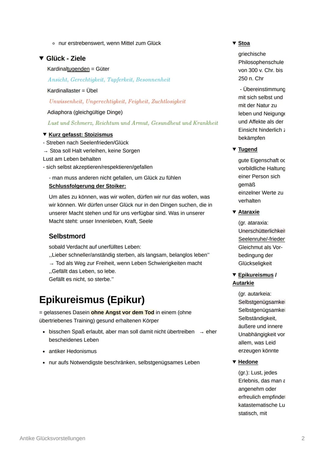 # Antike Glücksvorstellungen

*   suchen nach glücklichem Leben

▼ Stoa/Stoizismus
Vermeidung von
Schmerzen
*   Zenon

▼ Epikureismus
Mäßigu