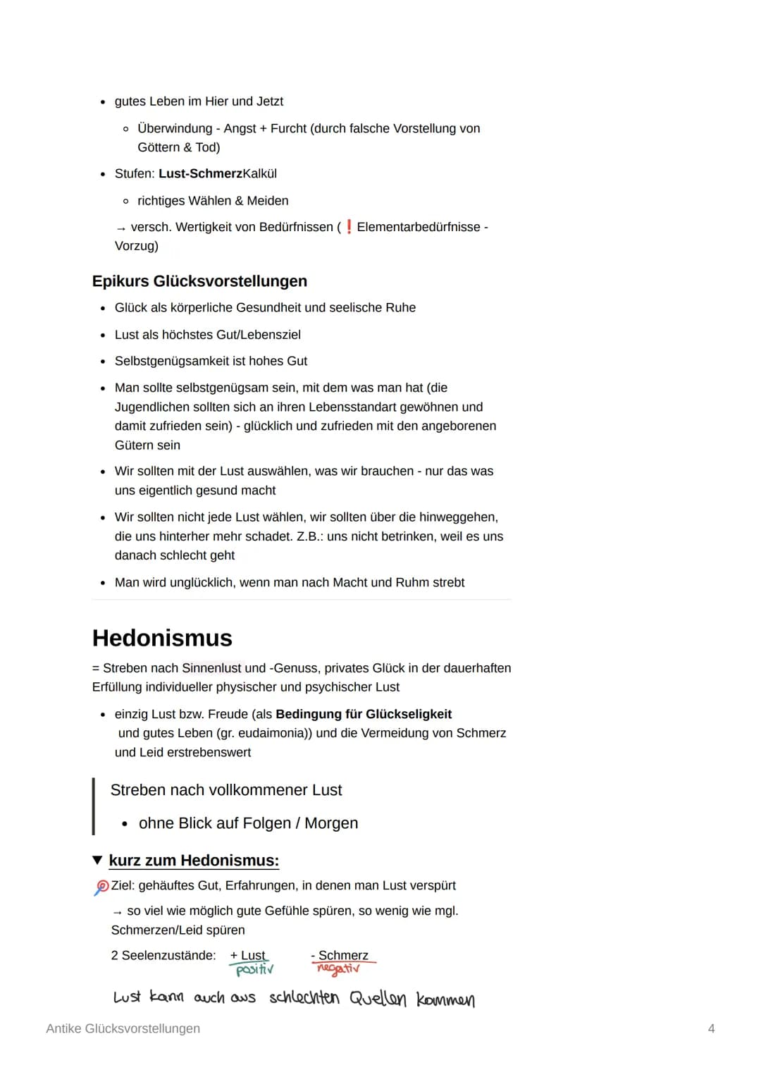 # Antike Glücksvorstellungen

*   suchen nach glücklichem Leben

▼ Stoa/Stoizismus
Vermeidung von
Schmerzen
*   Zenon

▼ Epikureismus
Mäßigu