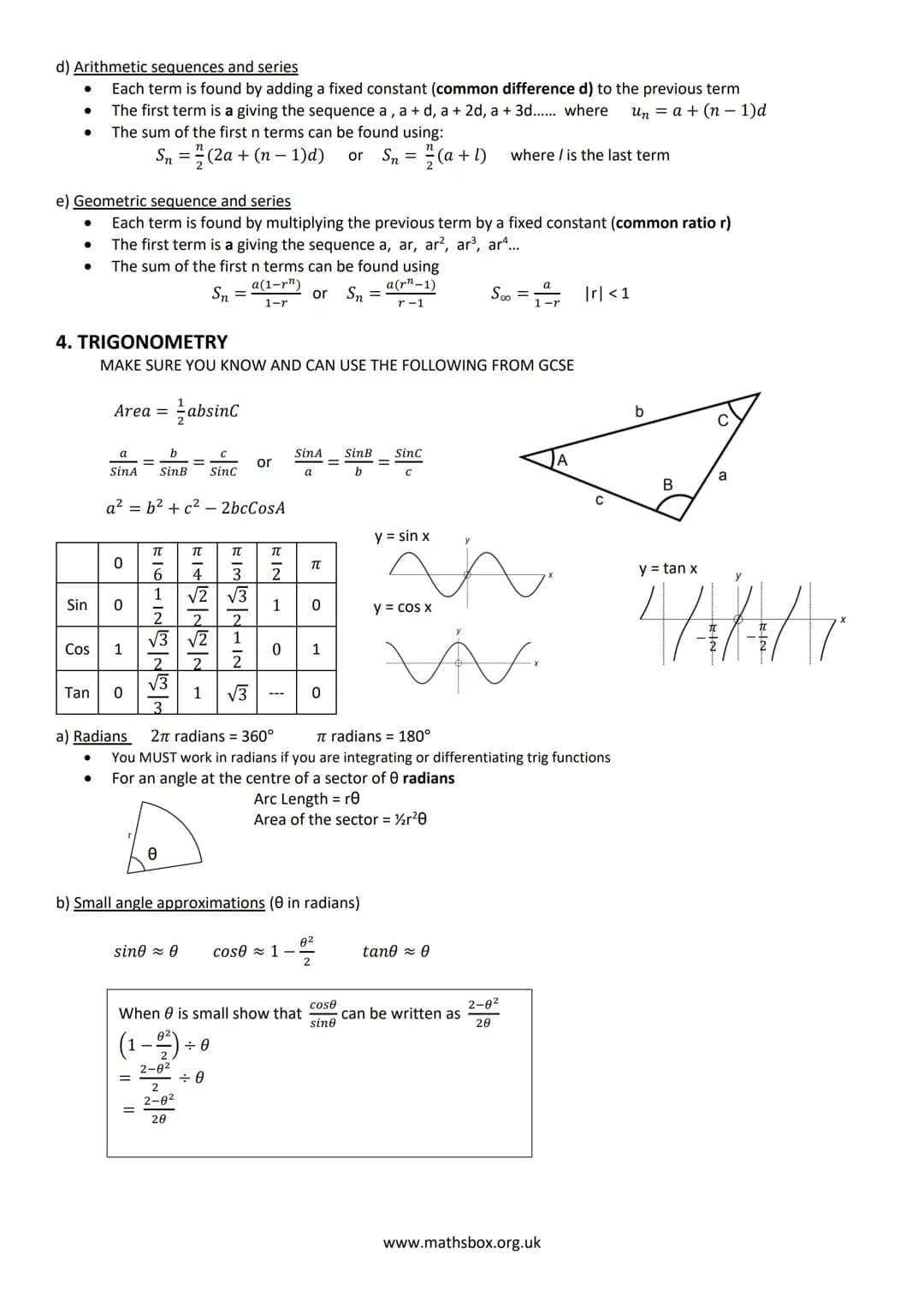 # A LEVEL PURE MATHS REVISON NOTES

1 ALGEBRA AND FUNCTIONS
a) INDICES
Rules to learn:
$x^a$ x $x^b$ = $x^{a+b}$
$x^a \div x^b = x^{a-b}$
$(