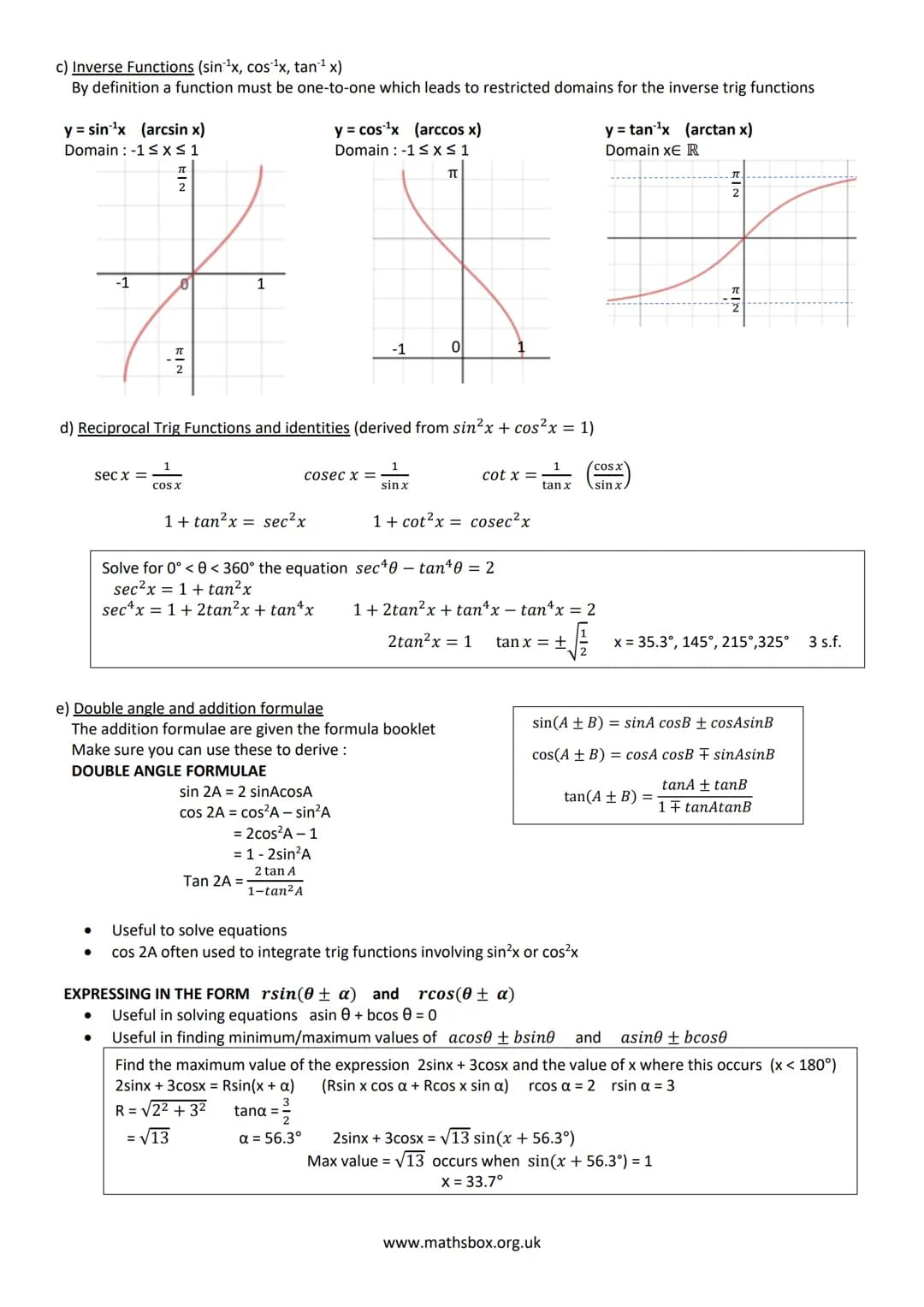 # A LEVEL PURE MATHS REVISON NOTES

1 ALGEBRA AND FUNCTIONS
a) INDICES
Rules to learn:
$x^a$ x $x^b$ = $x^{a+b}$
$x^a \div x^b = x^{a-b}$
$(