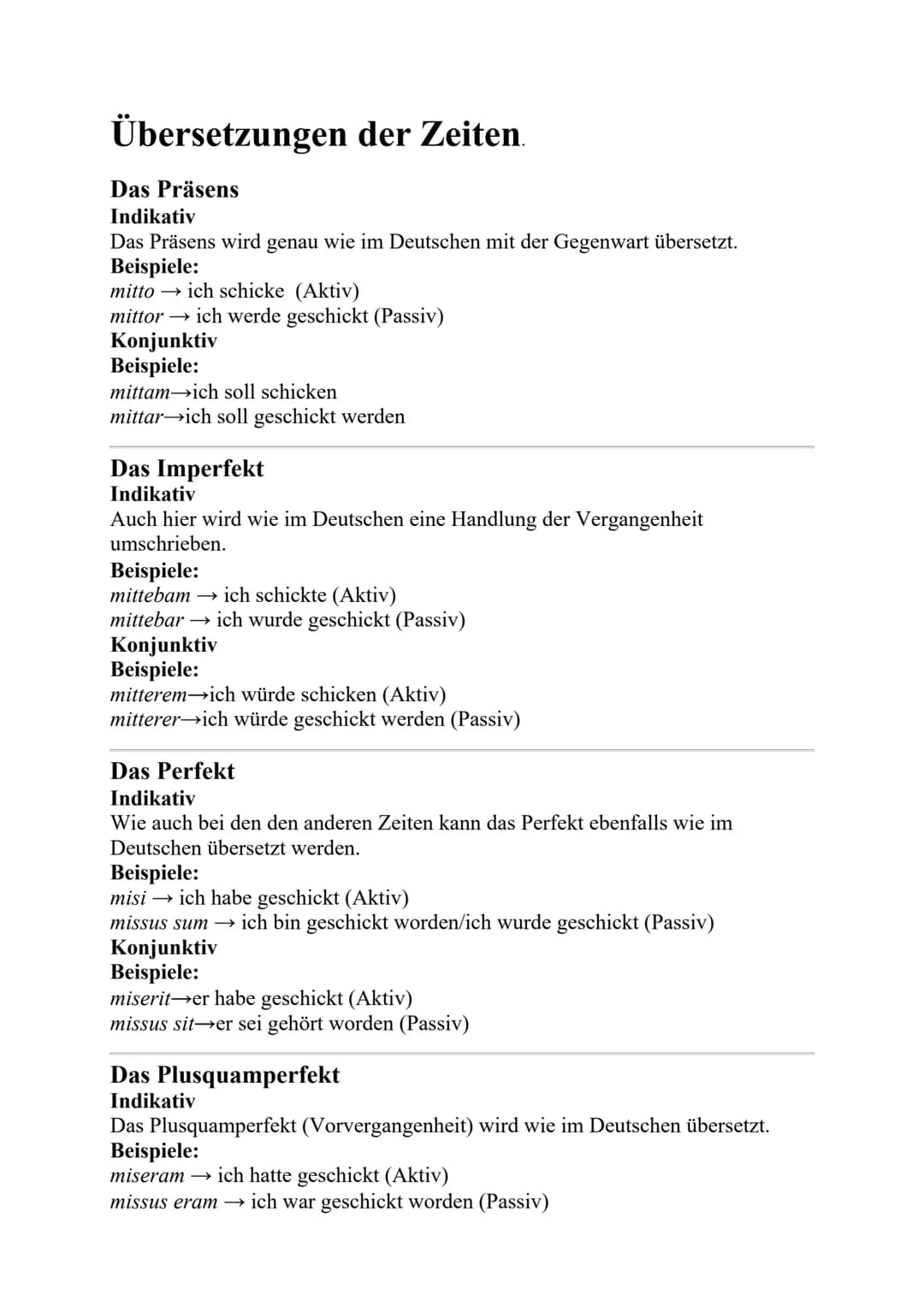 # Übersetzungen der Zeiten.

Das Präsens
Indikativ
Das Präsens wird genau wie im Deutschen mit der Gegenwart übersetzt.
Beispiele:
mitto ich