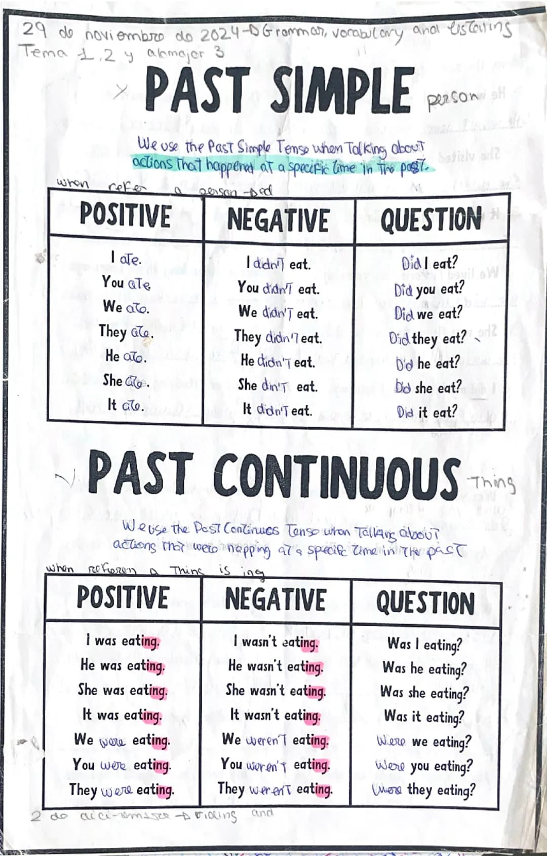• PRESENT PERFECT CONTINUOUS

SUBJECT HAVE/MAS + BEEN + VERB IN ING

| POSITIVE                 | NEGATIVE                  | QUESTION      