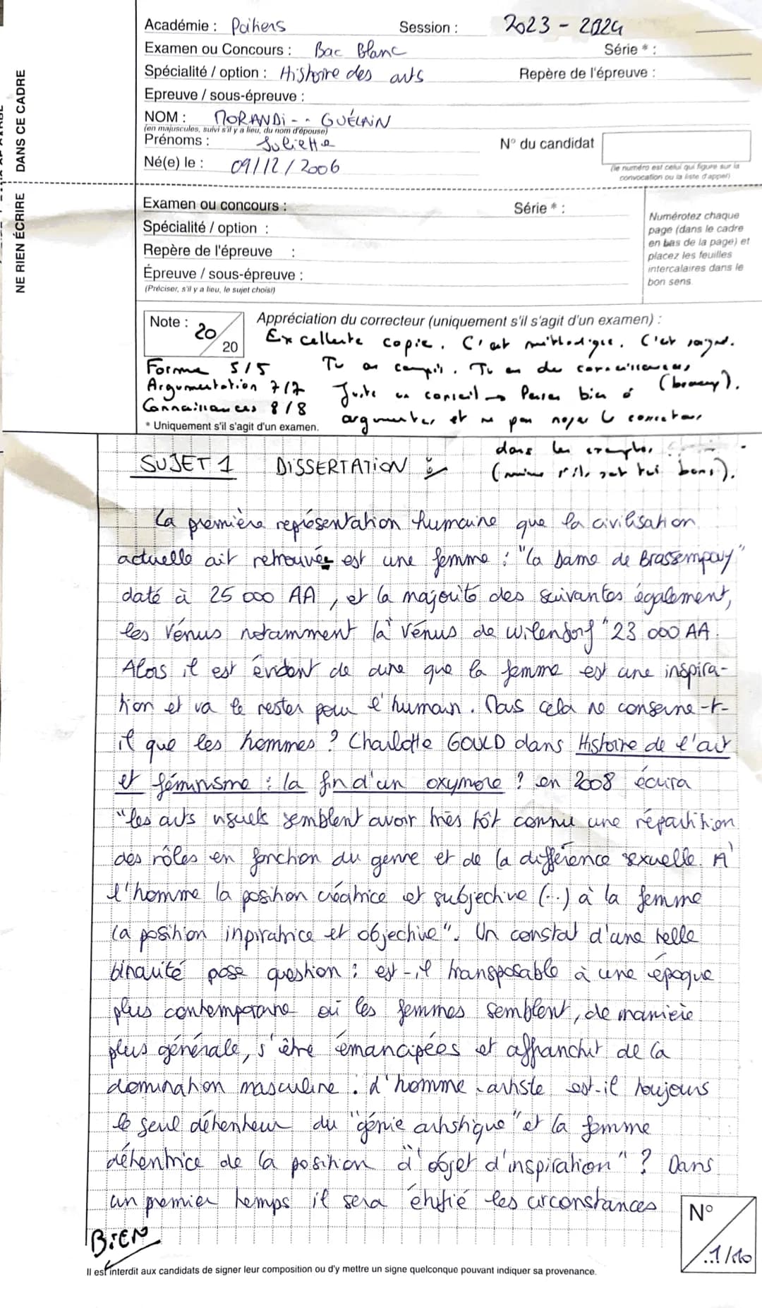 # NE RIEN ÉCRIRE

# DANS CE CADRE

Académie: Paiens

Examen ou Concours: Bac Blanc

Session:

Spécialité/option: Histoire des arts.

Epreuve