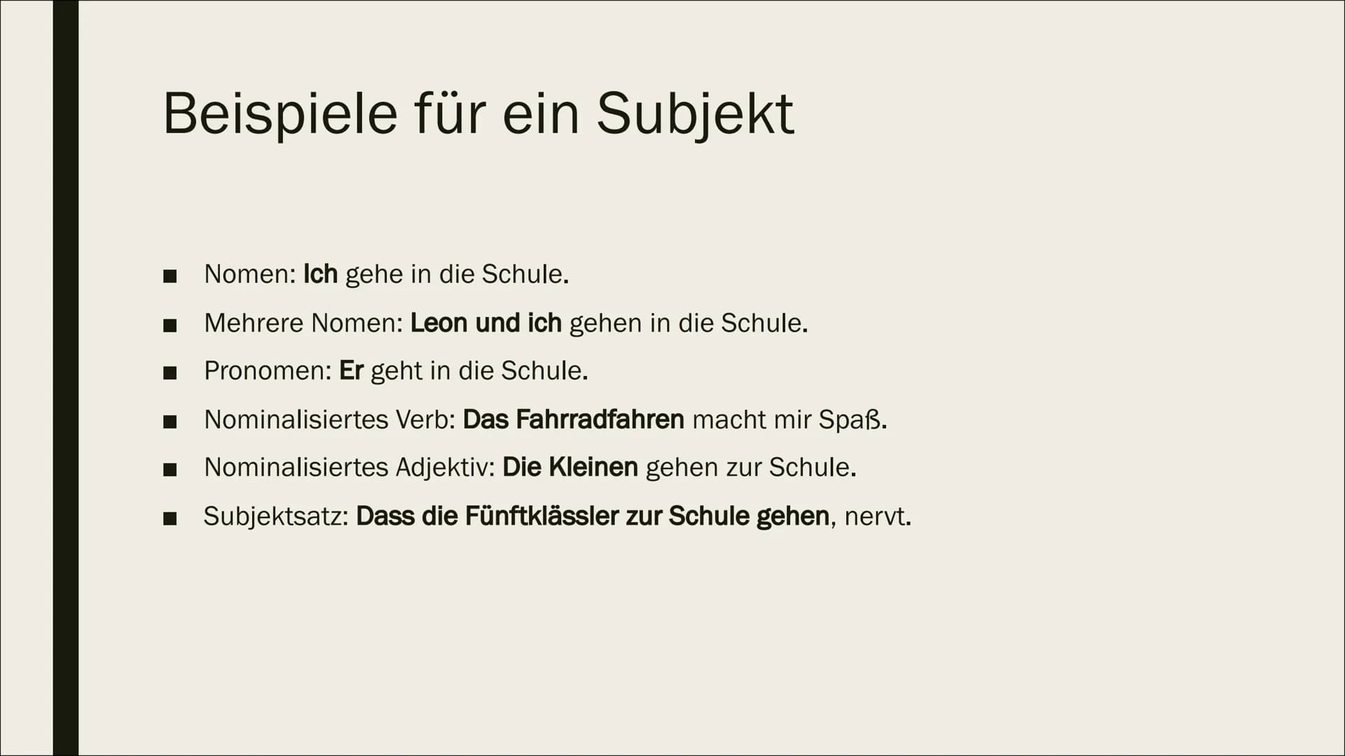 SATZGLIEDER # Inhalt

- Subjekt
- Prädikat
- Objekt
- Adverbiale Bestimmung
- Attribut # Subjekt

- Sagt aus wer oder was etwas tut

- Ist e