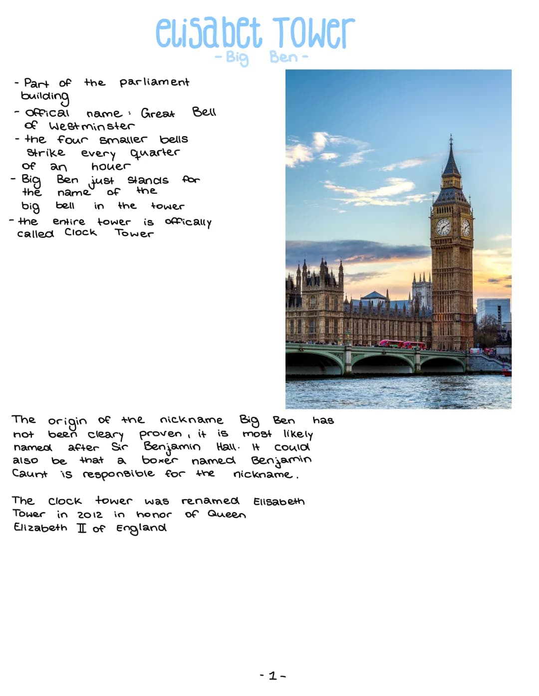 London sights # table of contents

Page: 1- elisabeth tower
2 - london eye
3 - buckingham palace
4- the shard
5- globe theatre
6- tower brid