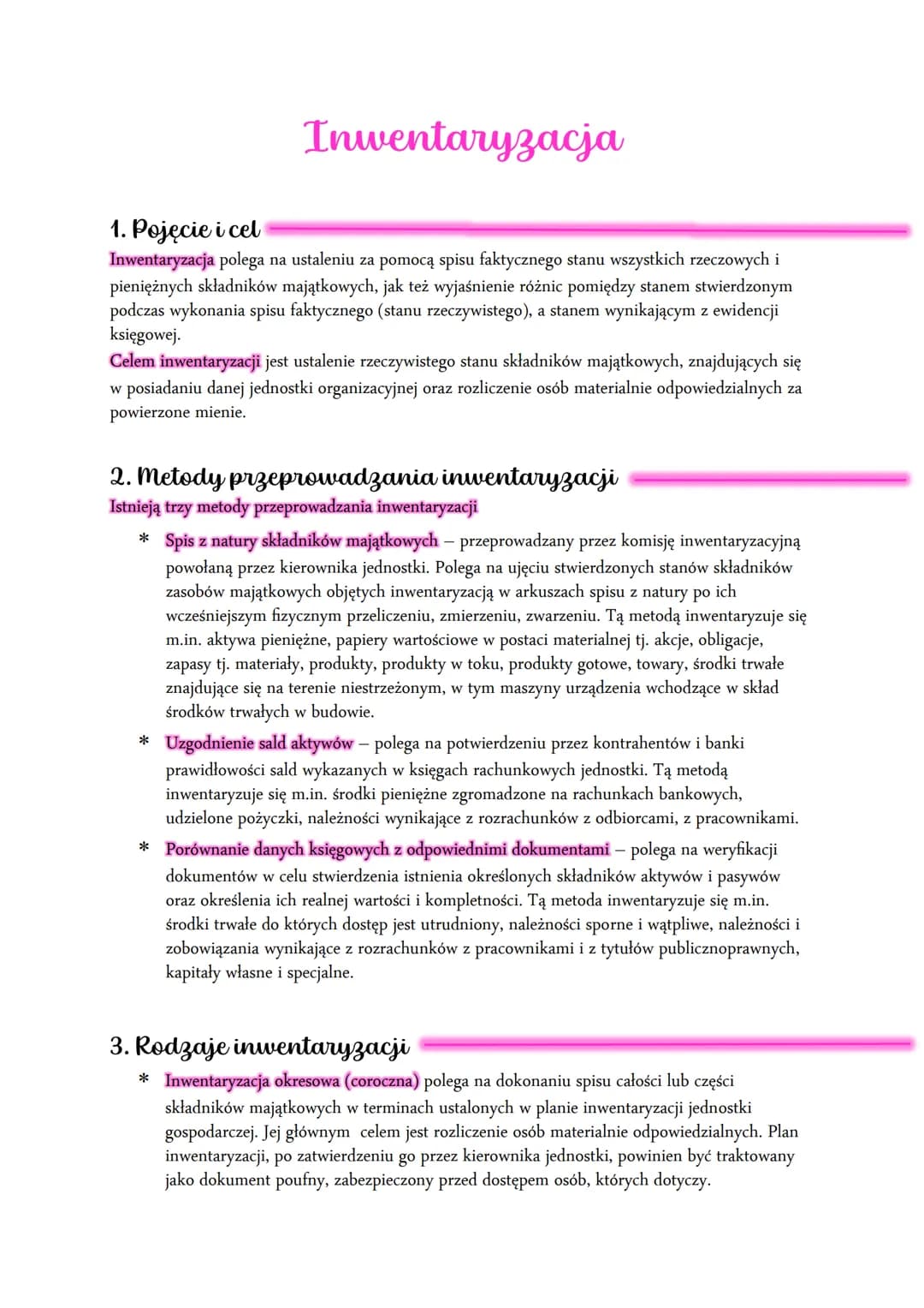 # Inwentaryzacja

1. Pojęcie i cel

Inwentaryzacja polega na ustaleniu za pomocą spisu faktycznego stanu wszystkich rzeczowych i
pieniężnych