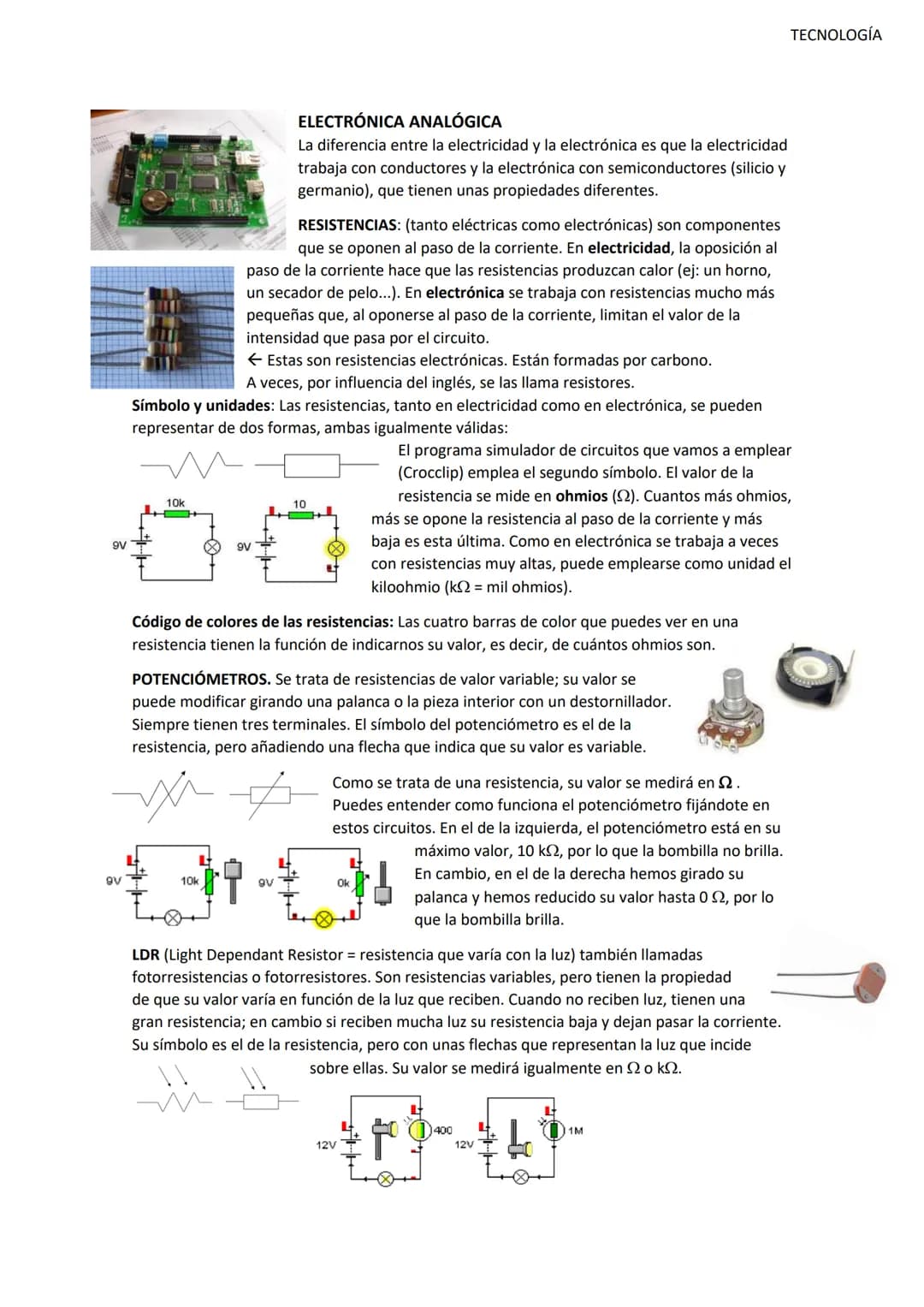 TECNOLOGÍA

ELECTRÓNICA ANALÓGICA
La diferencia entre la electricidad y la electrónica es que la electricidad
trabaja con conductores y la e