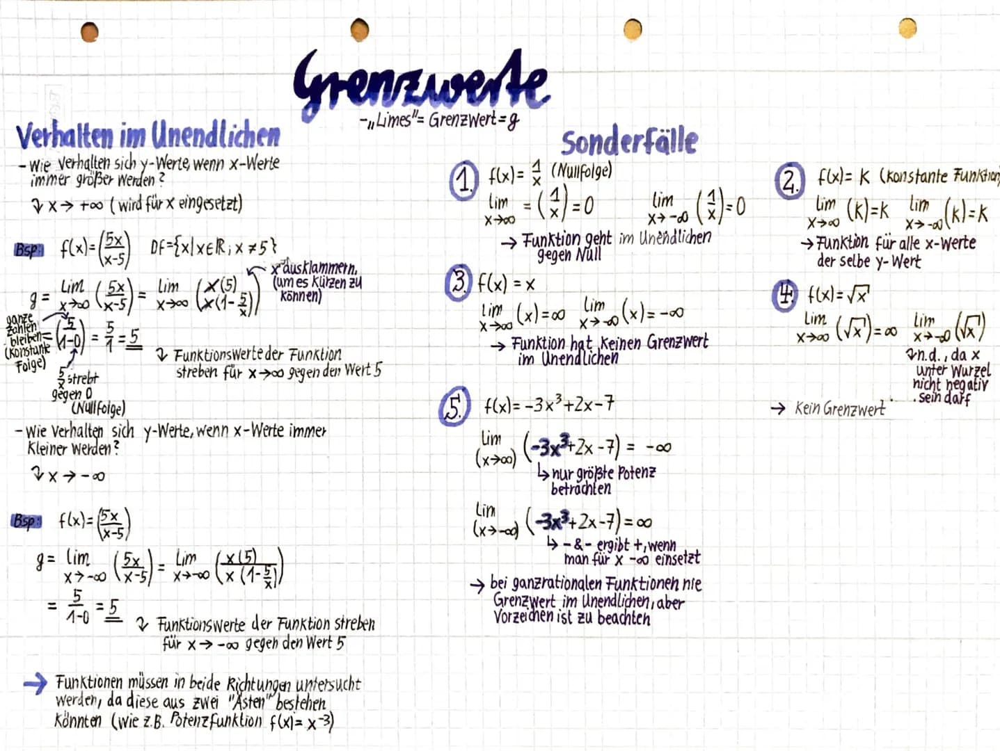 # Grenzwerte

~"Limes"= Grenzwert=g

Verhalten im Unendlichen

-Wie verhalten sich y-Werte, wenn x-Werte
immer großer Werden?

$x \rightarro