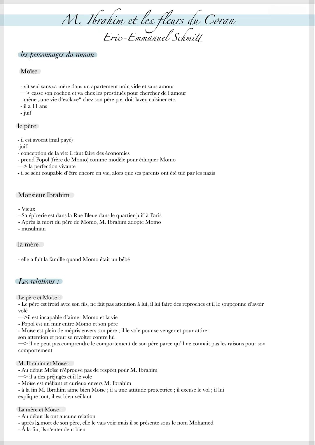 # M. Ibrahim et les fleurs du Coran
## Eric-Emmanuel Schmitt

les personnages du roman

Moïse

- vit seul sans sa mère dans un apartement no