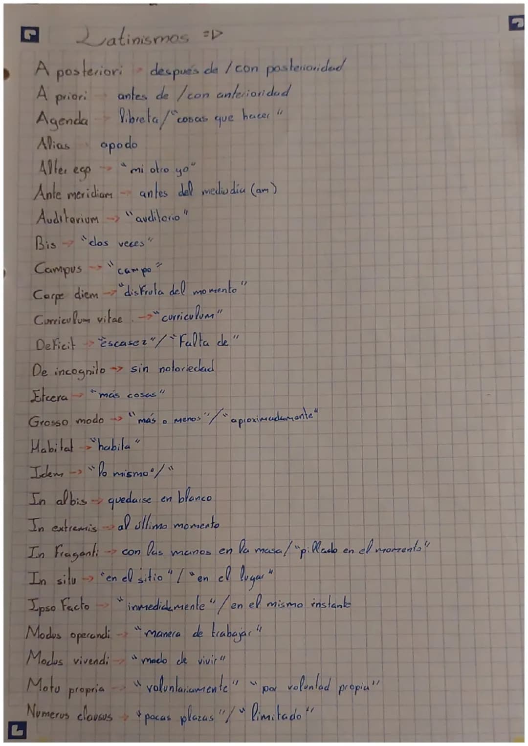 Latinismos =>

A posteriori después de / con posteriorided

A priori antes de/con anterioridad

Agenda Pibreta "cosas que hacer"

Alias opod