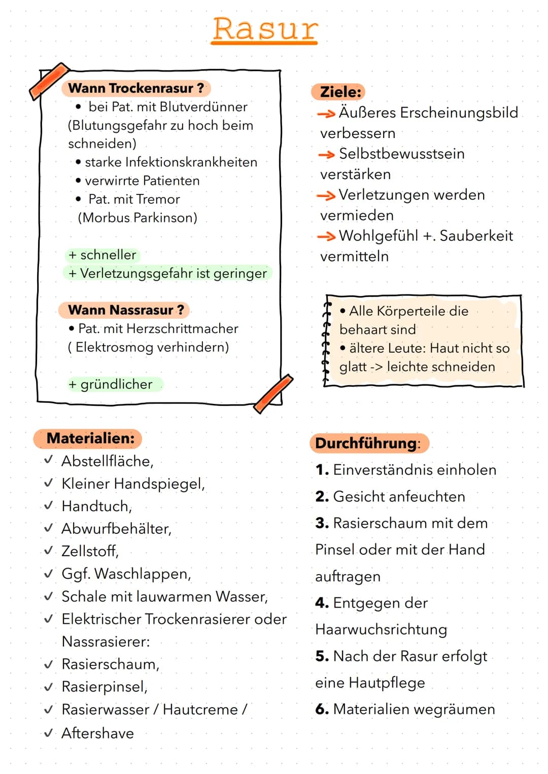 # Rasur

Wann Trockenrasur?
*   bei Pat. mit Blutverdünner
    (Blutungsgefahr zu hoch beim
    schneiden)
*   starke Infektionskrankheiten
