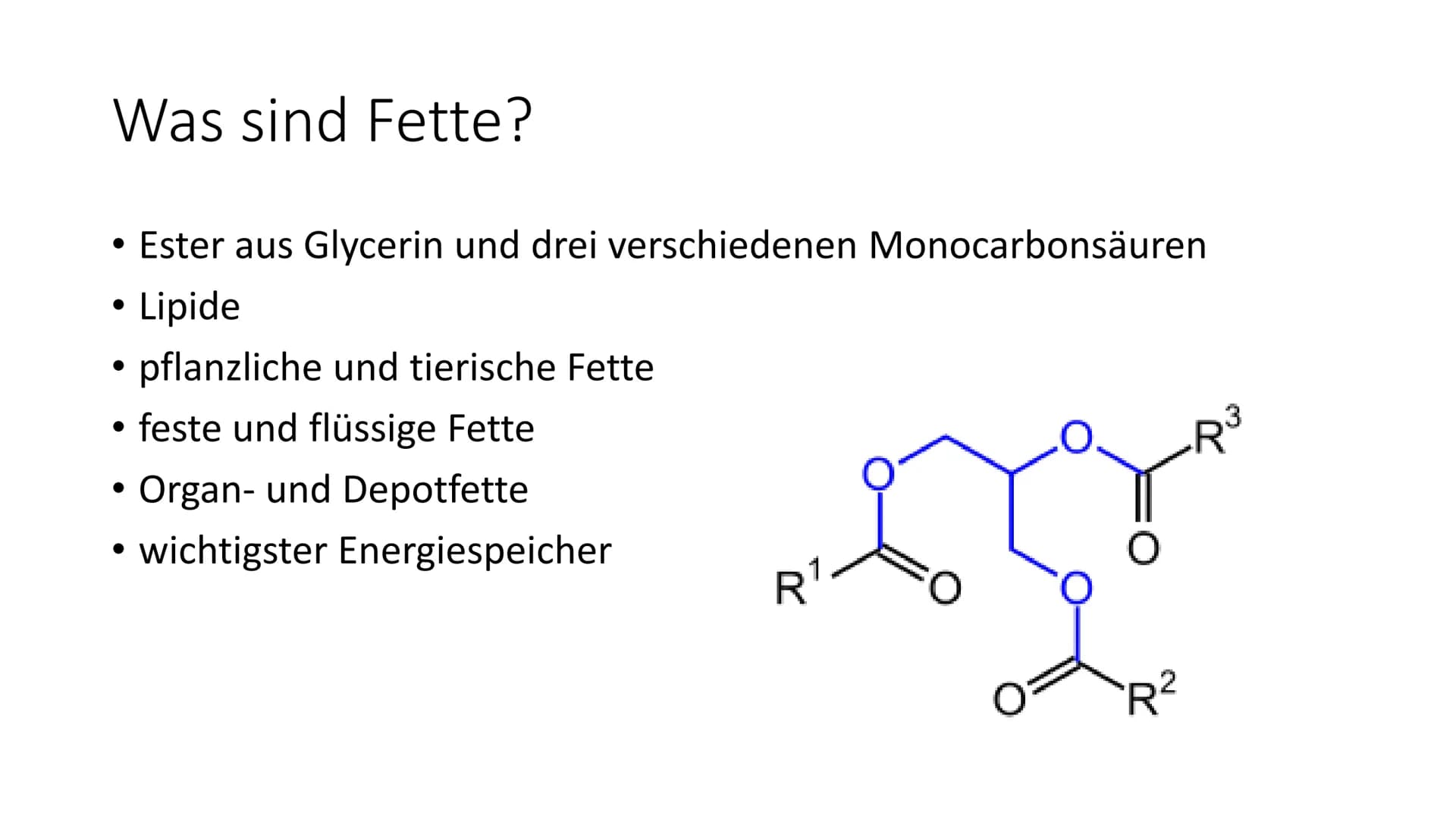 Fette # Gliederung
1. Was sind Fette?
2. Bedeutung der Fette
3. Aufbau und Eigenschaften
4. Fettsäuren
5. Margarine
6. Gewinnung
7. Verwendu