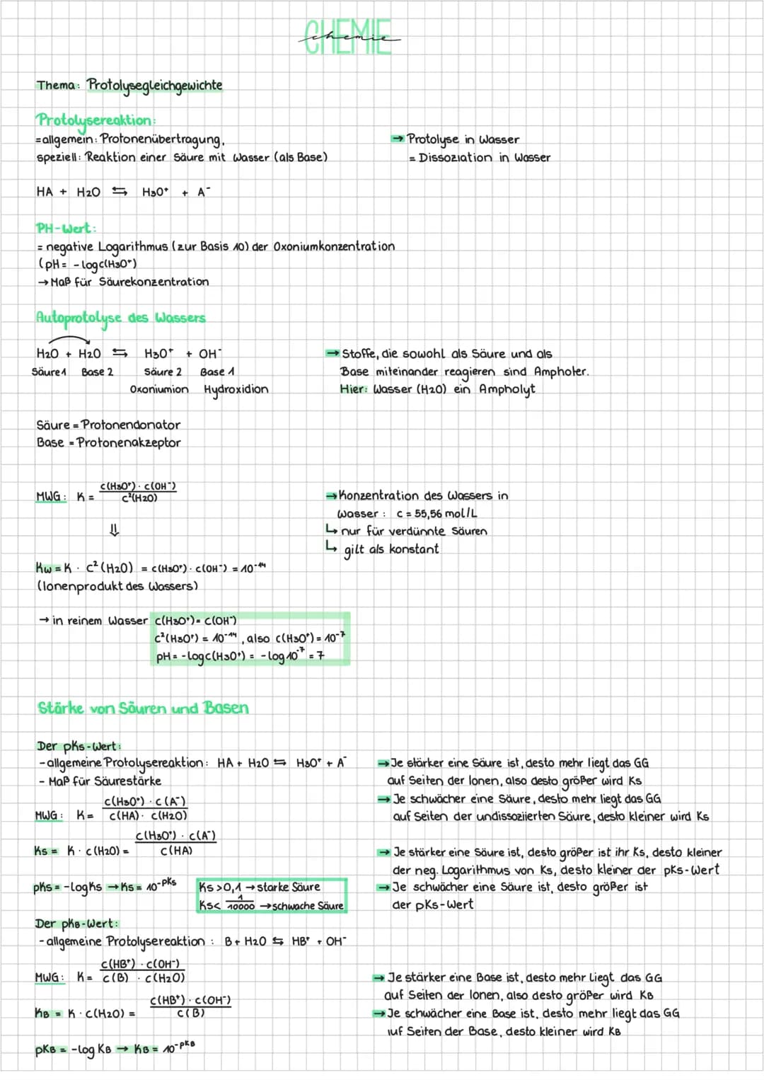 # chemie
## Thema: Protolysegleichgewichte
### Protolysereaktion
=allgemein: Protonenübertragung.
speziell: Reaktion einer Säure mit Wasse
