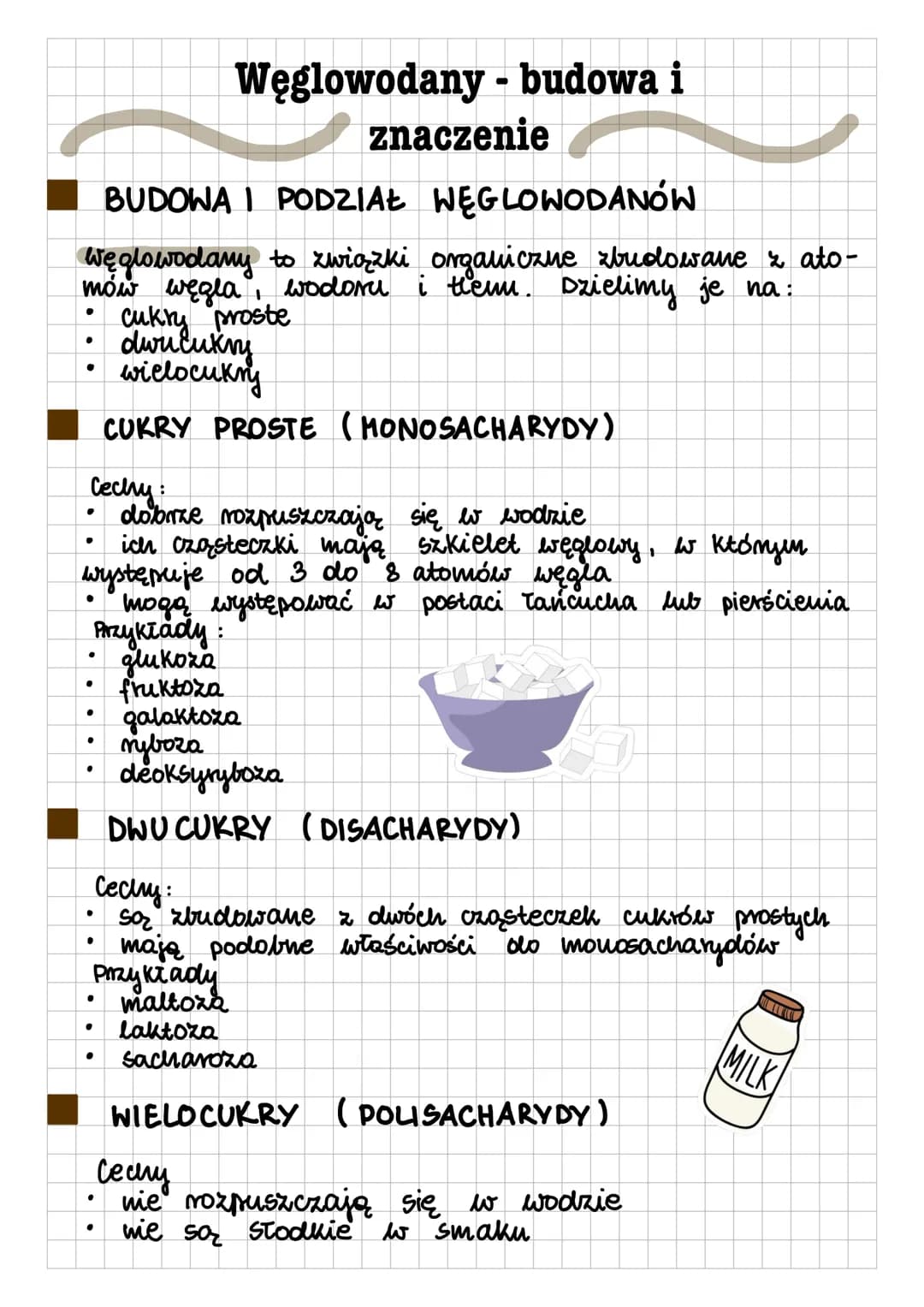 # Węglowodany - budowa i
znaczenie
BUDOWA I PODZIAŁ WĘGLOWODANÓW
Węglowodany to związki organiczne zbudowane z ato-
mów węgla, wodoru i th