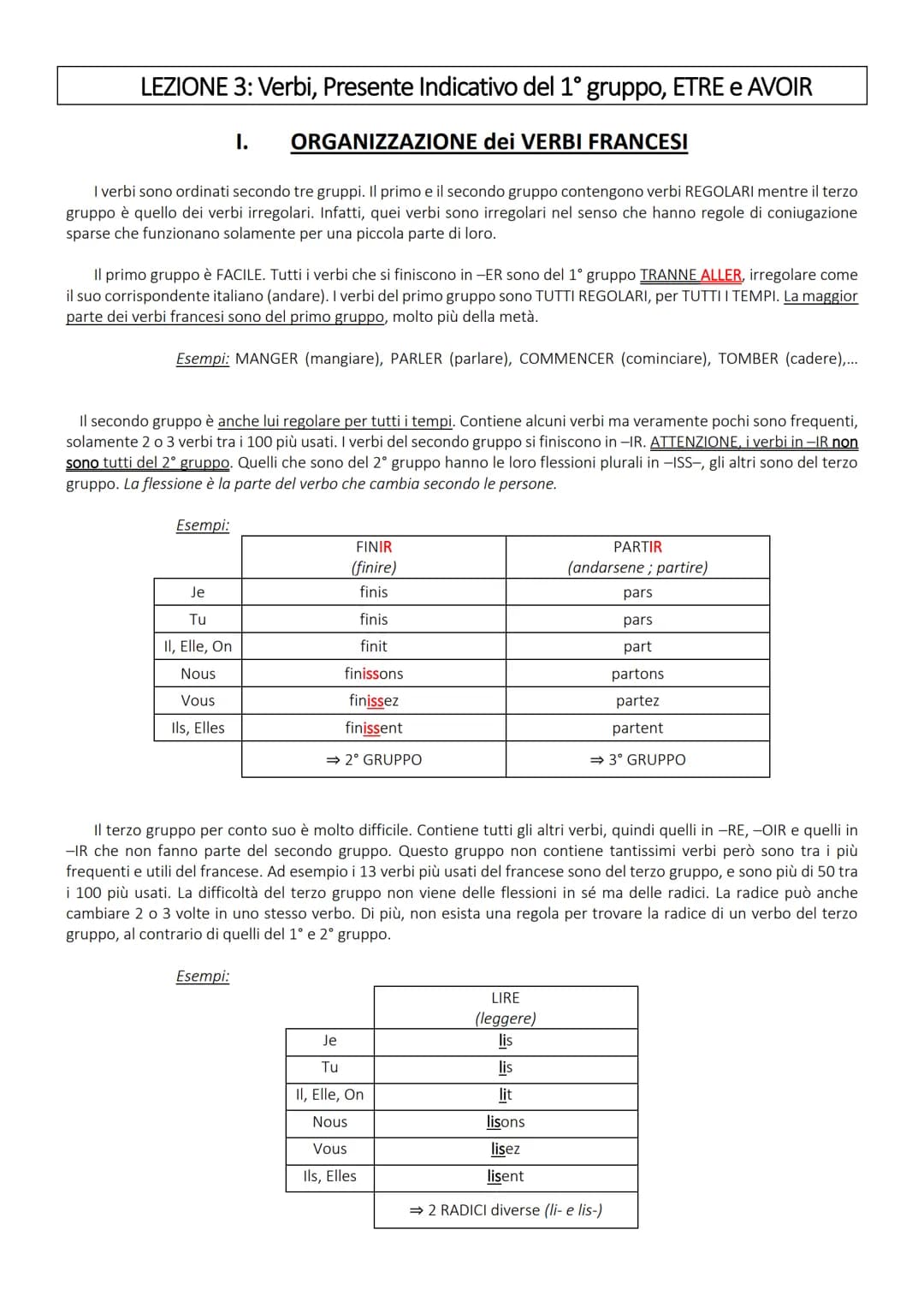 LEZIONE 3: Verbi, Presente Indicativo del 1° gruppo, ETRE e AVOIR
1. ORGANIZZAZIONE dei VERBI FRANCESI
I verbi sono ordinati secondo tre g