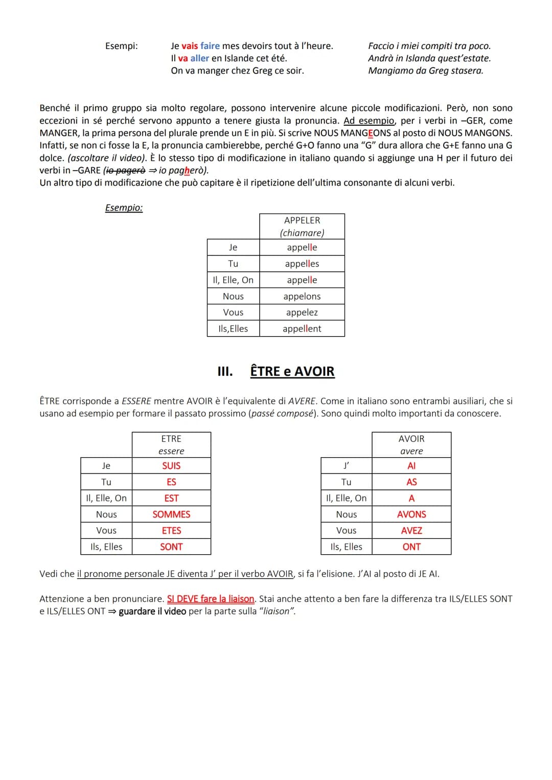 LEZIONE 3: Verbi, Presente Indicativo del 1° gruppo, ETRE e AVOIR
1. ORGANIZZAZIONE dei VERBI FRANCESI
I verbi sono ordinati secondo tre g
