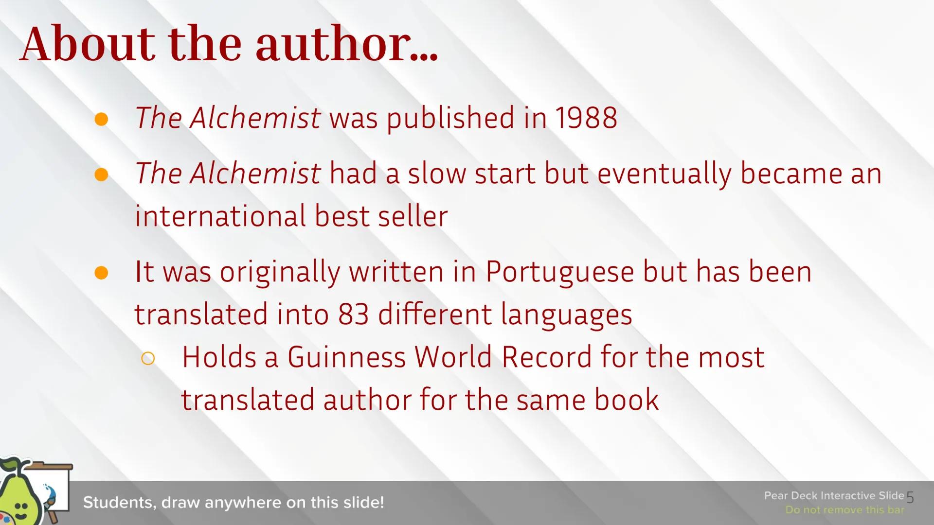 # The Alchemist
By Paulo Coelho
ALCHEMIST
25th
ANNIVERSARY
EDITION
PAULO COELHO # Paulo
# Coelho
2 # About the author...
* Born 1947