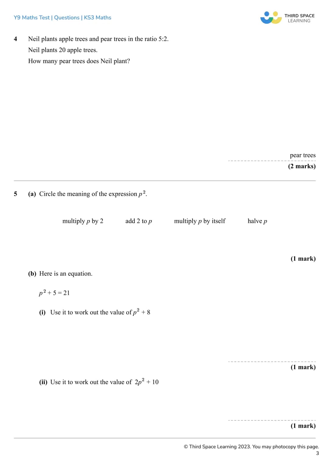 # THIRD SPACE
LEARNING
Year 9
Maths Test
Questions
KS3 Maths Y9 Maths Test | Questions | KS3 Maths
Year 9 Maths Test KS3 Maths
Name
Tot