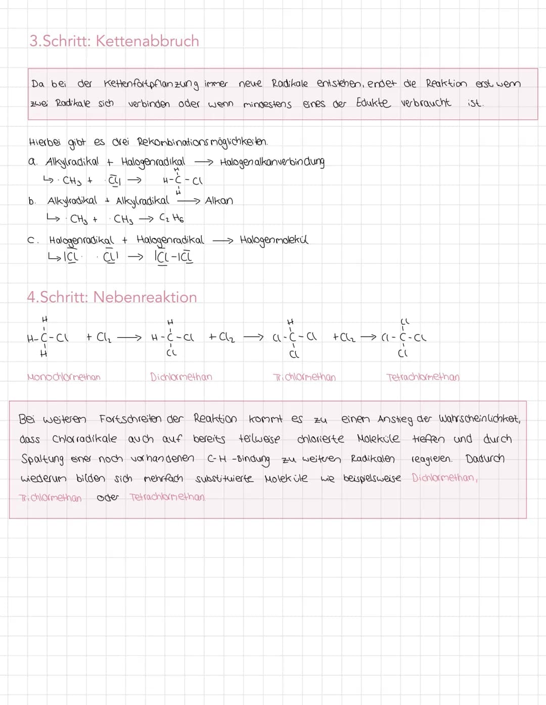 # Radikalische Substitution
Reaktion: HC-H
+ CL2
→ H-C-Cl + HCL
Alkan + Halogen → Halogenalkan + Rest
Die Radikalische Substitution ist e