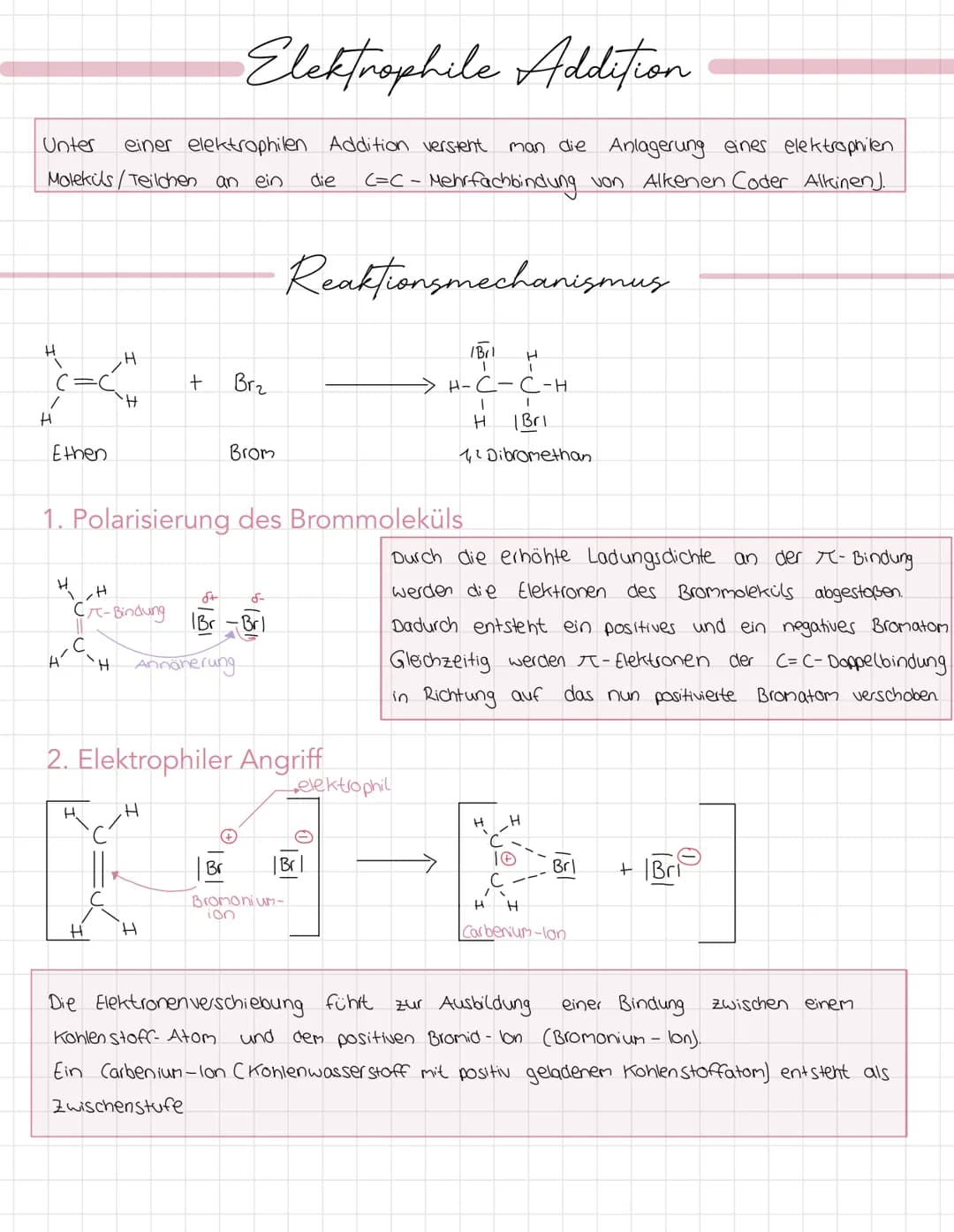 # Elektrophile Addition
Unter einer elektrophilen Addition versteht man die Anlagerung eines elektrophilen
Moleküls/Teilchen an ein die C=C