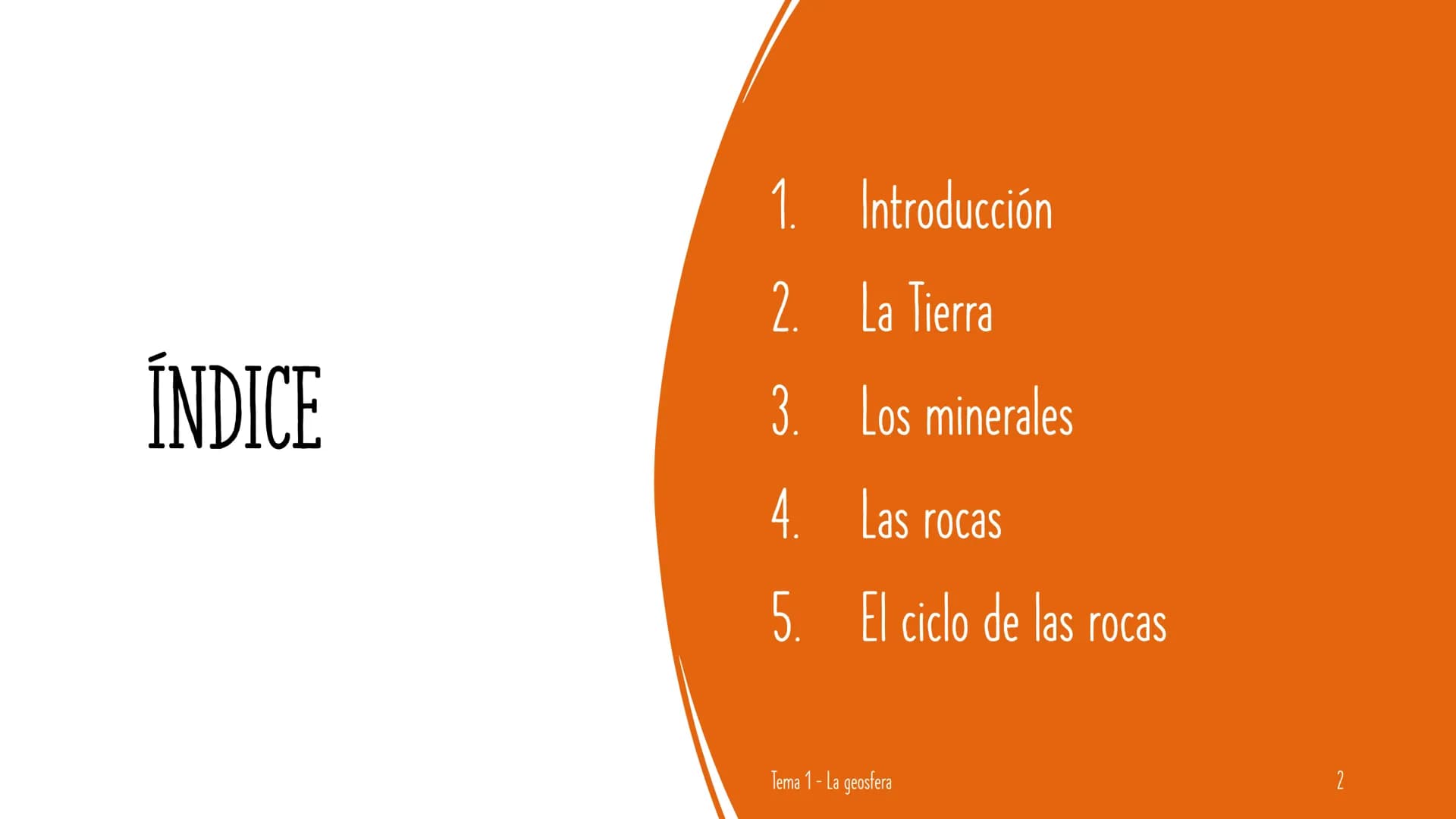 # LA GEOSFERA
Tema 1 1. Introducción
2. La Tierra
ÍNDICE
3. Los minerales
4. Las rocas
5. El ciclo de las rocas
Tema 1 - La geosfera
2