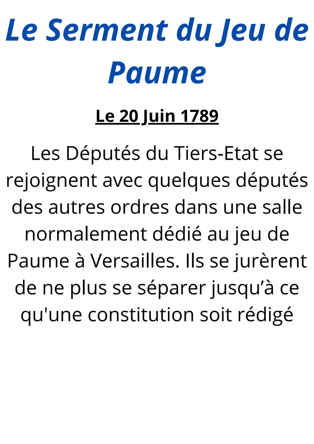 # Le Serment du Jeu de
# Paume
## Le 20 Juin 1789
Les Députés du Tiers-Etat se
rejoignent avec quelques députés
des autres ordres dans un