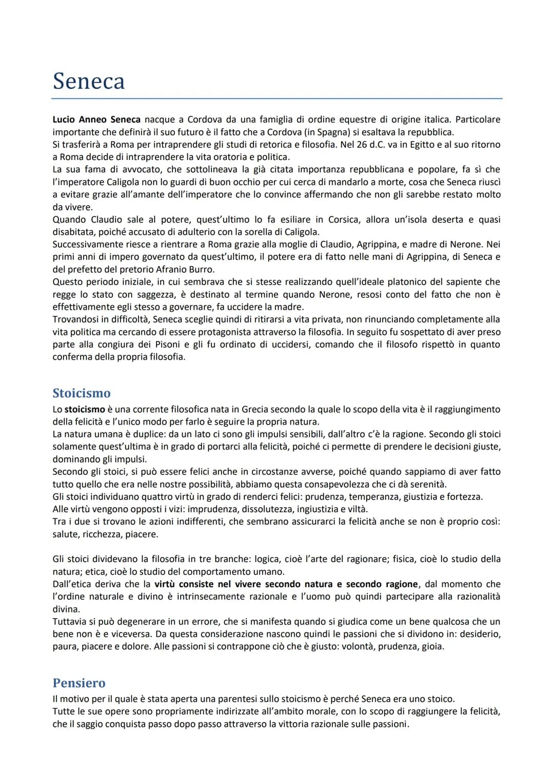 # Seneca
Lucio Anneo Seneca nacque a Cordova da una famiglia di ordine equestre di origine italica. Particolare
importante che definirà il