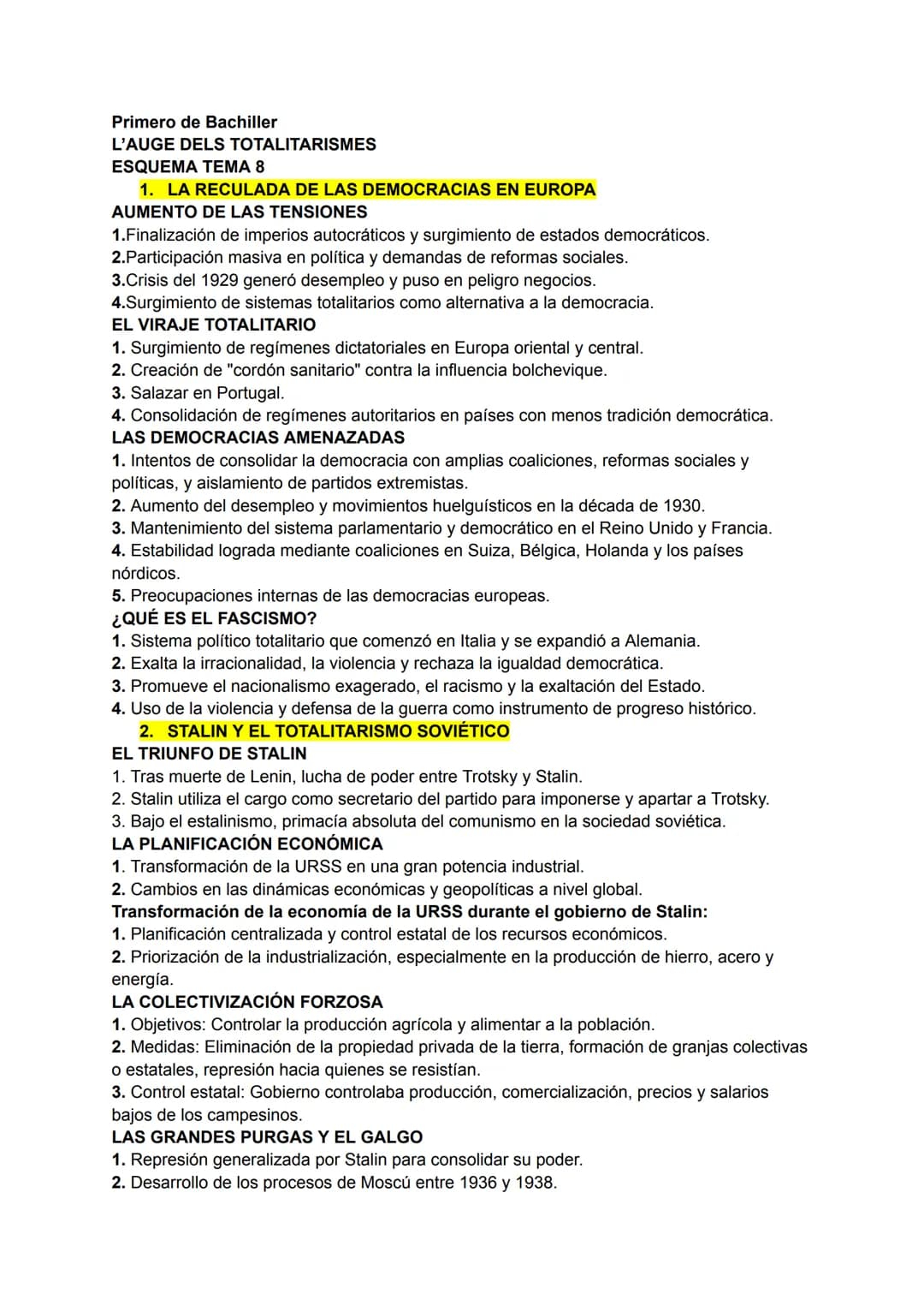 Primero de Bachiller
L'AUGE DELS TOTALITARISMES
ESQUEMA TEMA 8
1. LA RECULADA DE LAS DEMOCRACIAS EN EUROPA
AUMENTO DE LAS TENSIONES
1.Fin