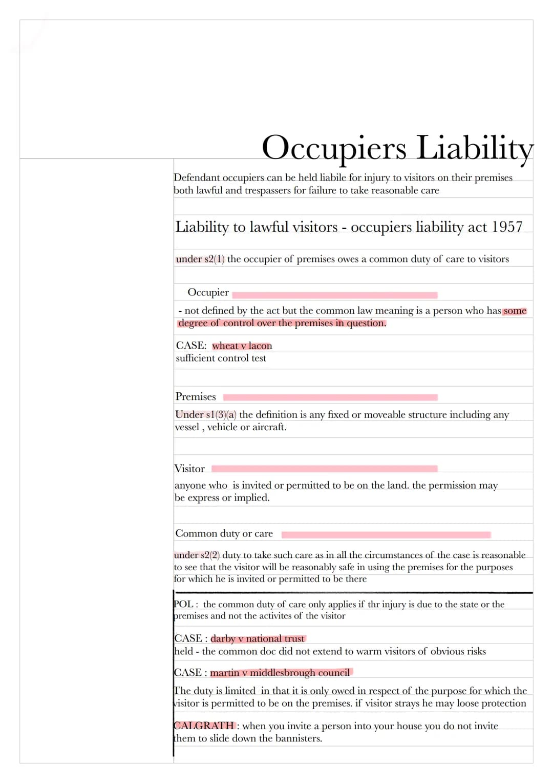 # Occupiers Liability
Defendant occupiers can be held liabile for injury to visitors on their premises.
both lawful and trespassers for fail