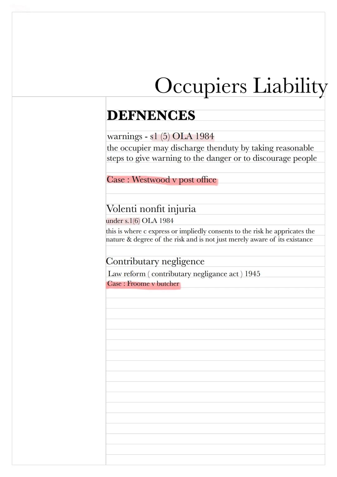 # Occupiers Liability
Defendant occupiers can be held liabile for injury to visitors on their premises.
both lawful and trespassers for fail
