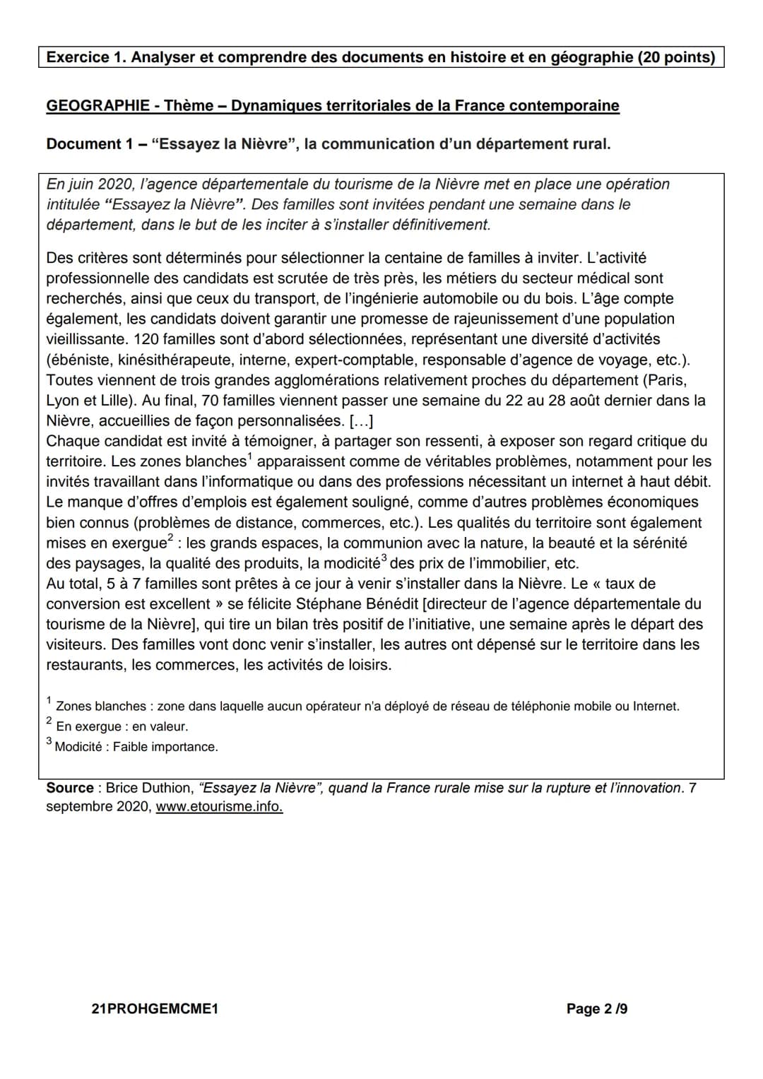 # DIPLÔME NATIONAL DU BREVET
SESSION 2021
# HISTOIRE-GEOGRAPHIE
ENSEIGNEMENT MORAL ET CIVIQUE
Série professionnelle
Durée de l'épreuve :