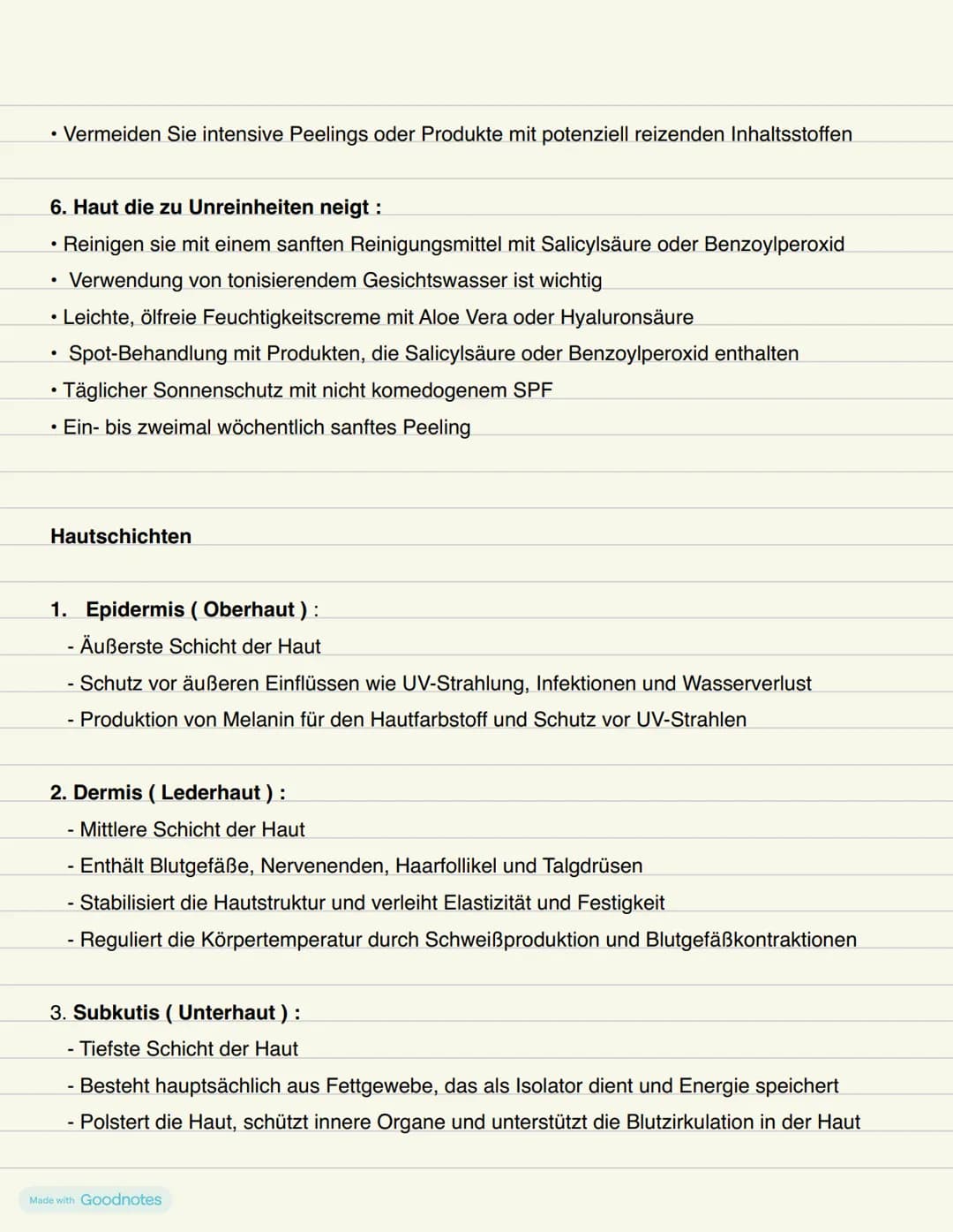 # Kosmetik # Kosmetik Zusammenfassungen
Verschiedene Hauttypen
1. Normale Haut :
* Ausgeglichener Freuchtigkeits- und Talggehalt
* Wenig Un