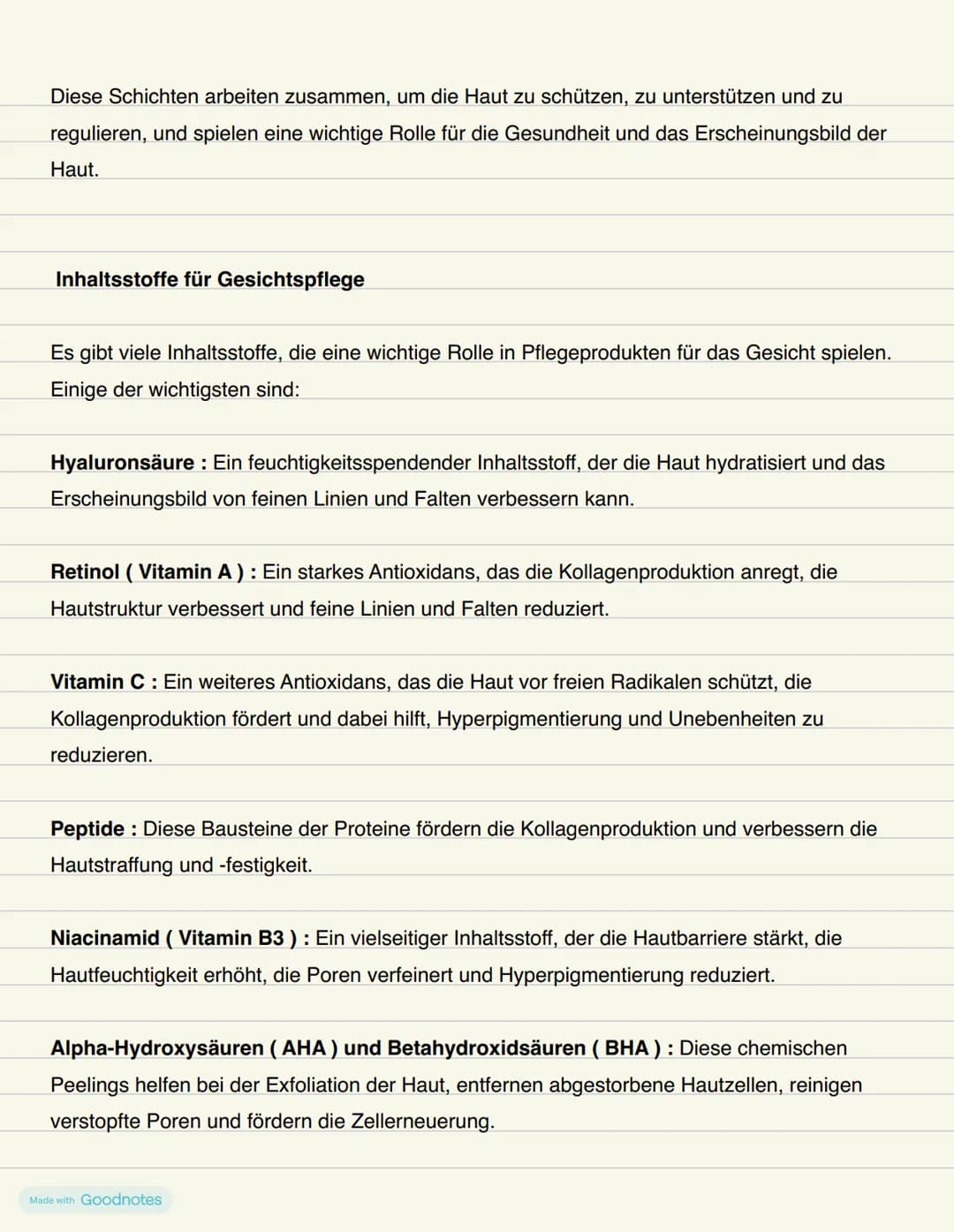 # Kosmetik # Kosmetik Zusammenfassungen
Verschiedene Hauttypen
1. Normale Haut :
* Ausgeglichener Freuchtigkeits- und Talggehalt
* Wenig Un