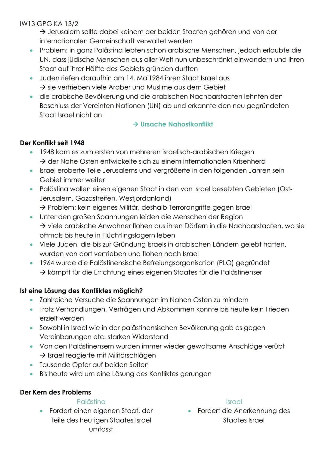 IW13 GPG KΑ 13/2
# DER NAHOSTKONFLIKT
Zwischen Palästina und Israel
## Begriffsklärung Nahostkonflikt
* politischer und militärischer