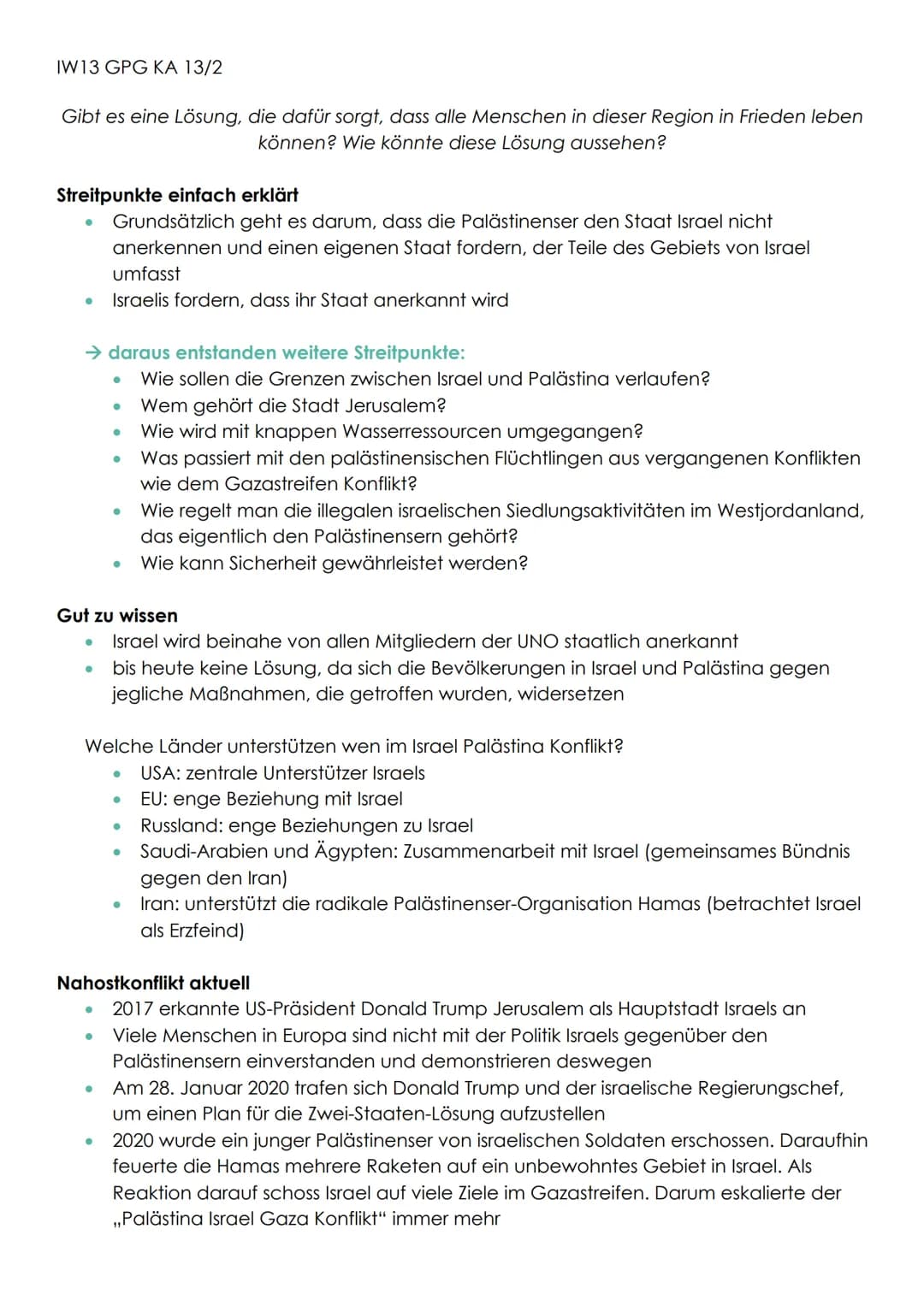 IW13 GPG KΑ 13/2
# DER NAHOSTKONFLIKT
Zwischen Palästina und Israel
## Begriffsklärung Nahostkonflikt
* politischer und militärischer