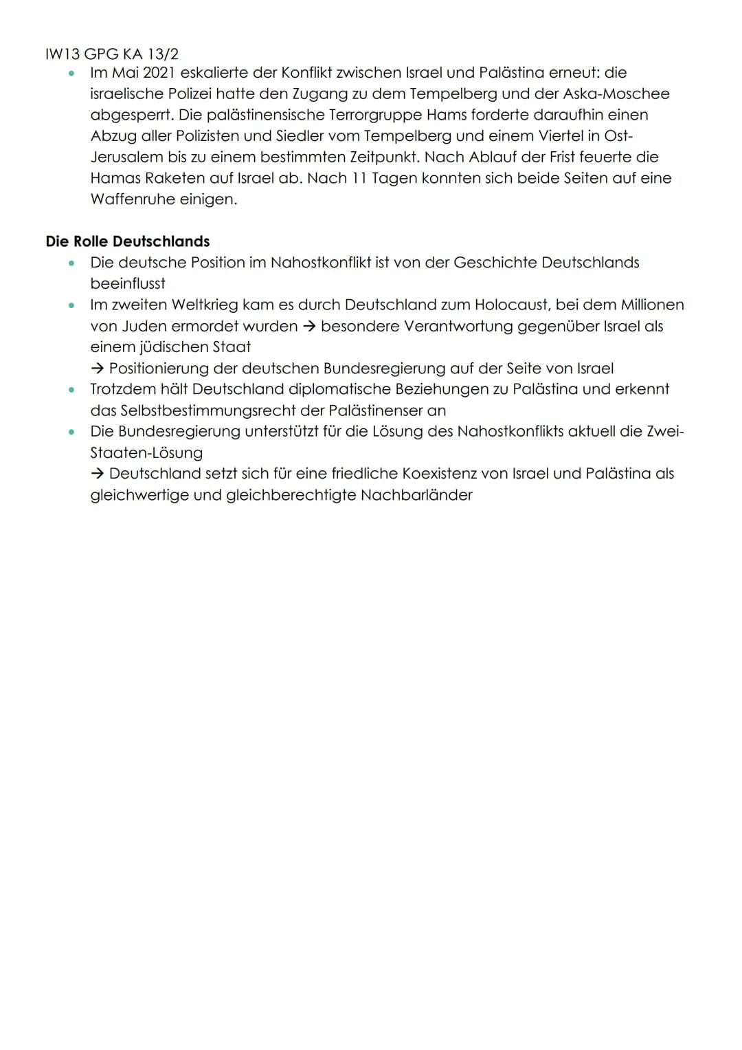 IW13 GPG KΑ 13/2
# DER NAHOSTKONFLIKT
Zwischen Palästina und Israel
## Begriffsklärung Nahostkonflikt
* politischer und militärischer
