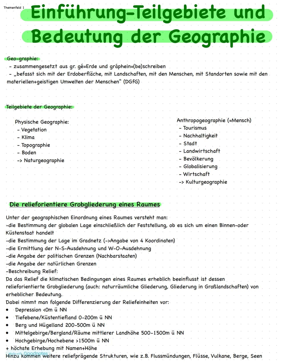 # Erdkunde
Made with Goodnotes # Themenfeld 1
# Einführung-Teilgebiete und
# Bedeutung der Geographie
Geo-graphie:
- zusammengesetzt aus