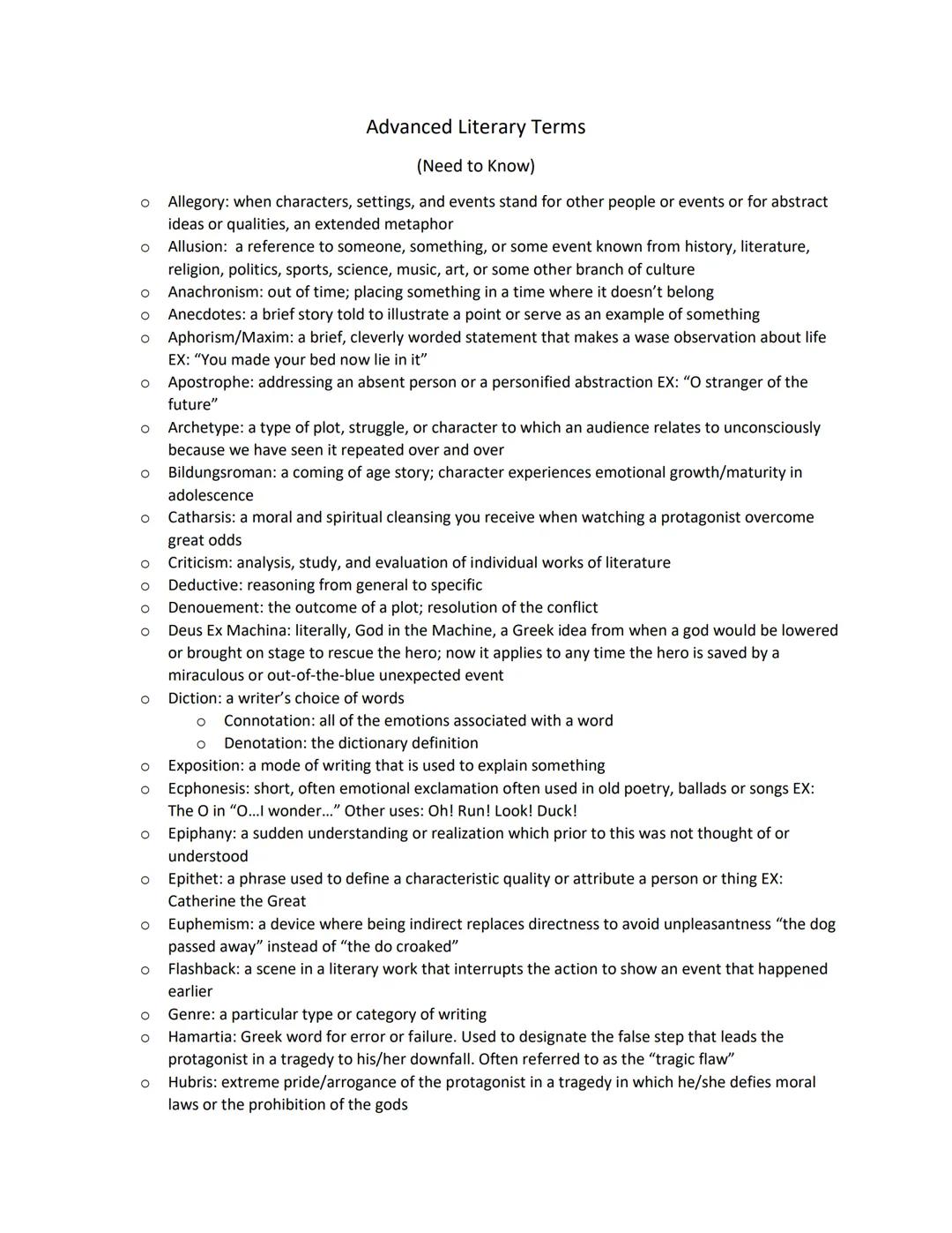 # Advanced Literary Terms
(Need to Know)
* Allegory: when characters, settings, and events stand for other people or events or for abstra