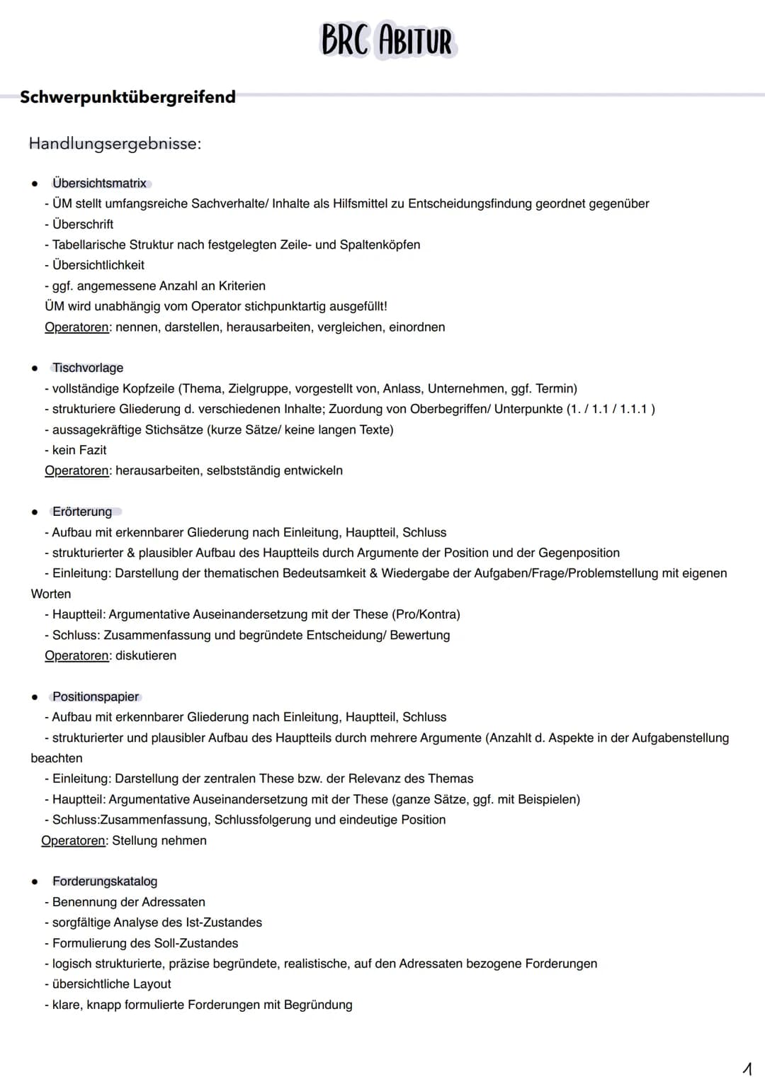 # BRC ABITUR
Schwerpunktübergreifend
Handlungsergebnisse:
- Übersichtsmatrix
- ÜM stellt umfangsreiche Sachverhalte/ Inhalte als Hilfsm
