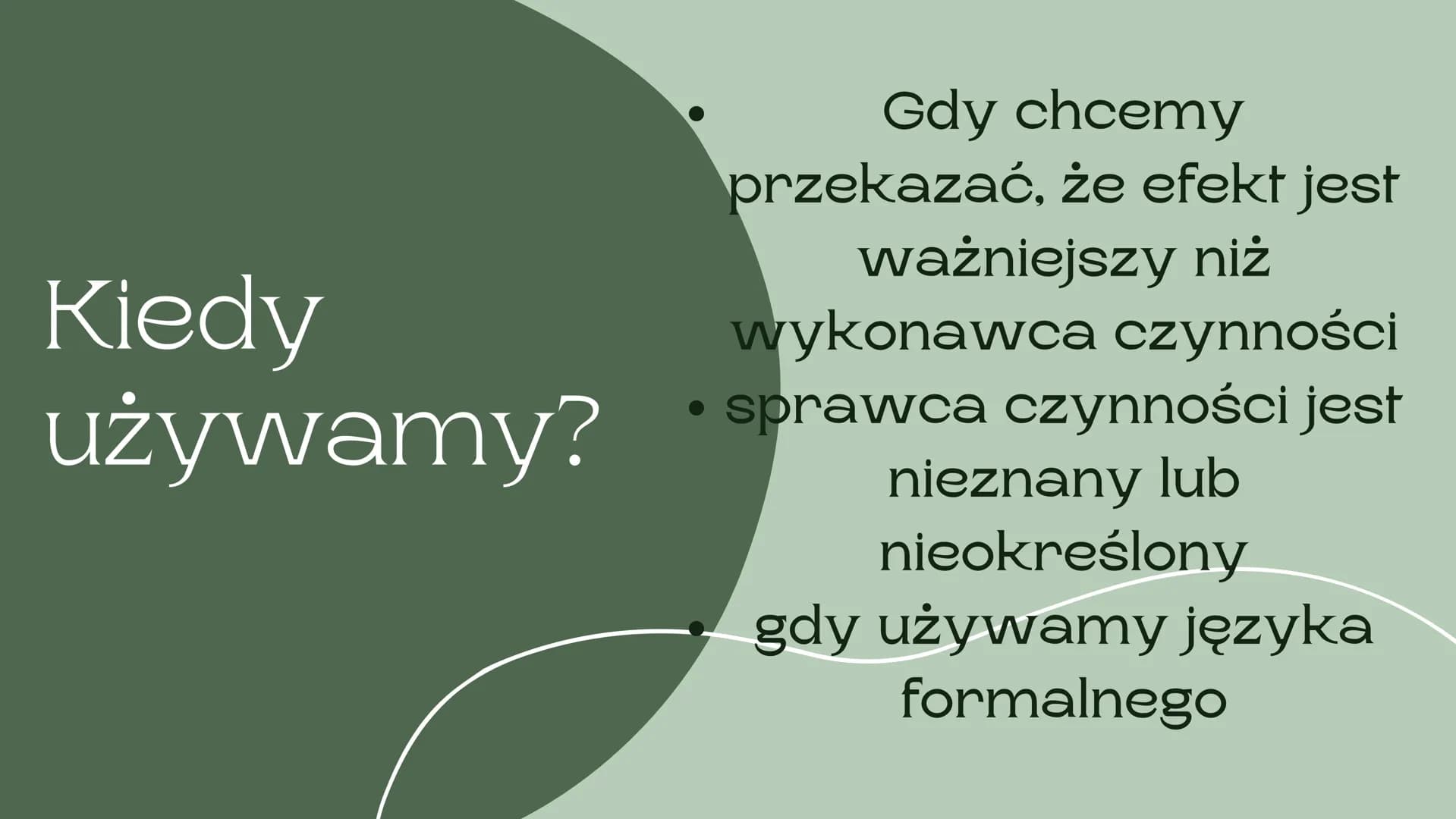 Passive voice # Budowa
Subject + to be + Past
Participle Kiedy
używamy?
•
Gdy chcemy
przekazać, że efekt jest
ważniejszy niż
wykonawca czyn