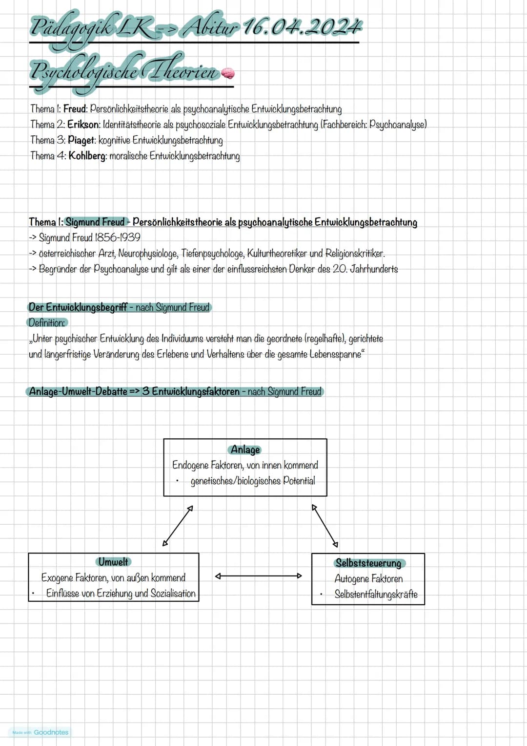# Pädagogik LK == Abitur 16.04.2024
# Psychologische Theorien
Thema 1: Freud: Persönlichkeitstheorie als psychoanalytische Entwicklungsbet